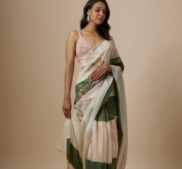 Green And Beige Colour Block Saree With Embroidered Blouse