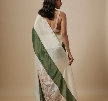 Green And Beige Colour Block Saree With Embroidered Blouse