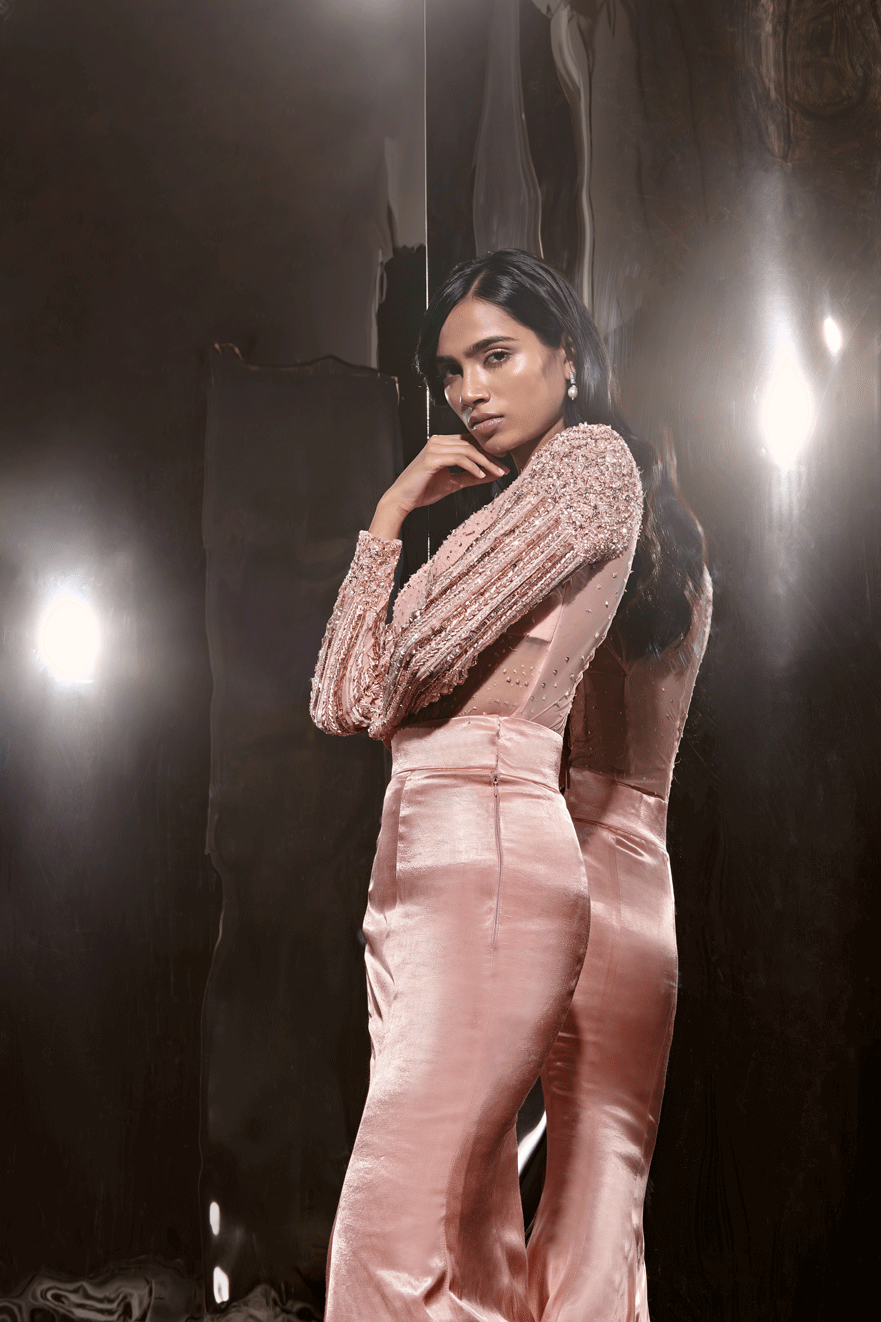 Rose Pink Embroidered Bodysuit With Skirt