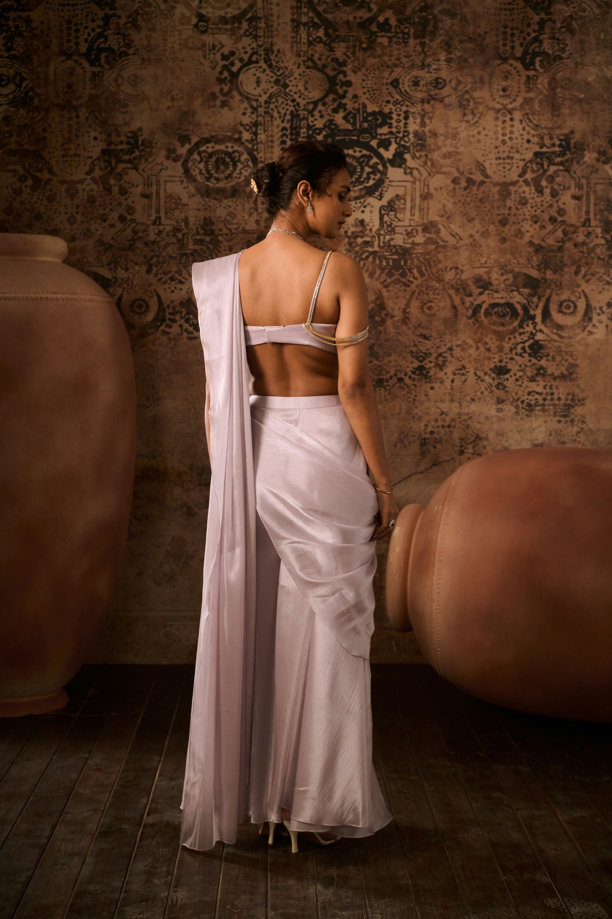 Silver lilac embroidered top with palazzo saree