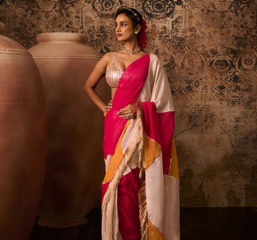 Rose gold embroidered blouse with multicoloured saree