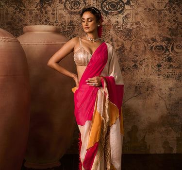 Rose gold embroidered blouse with multicoloured saree