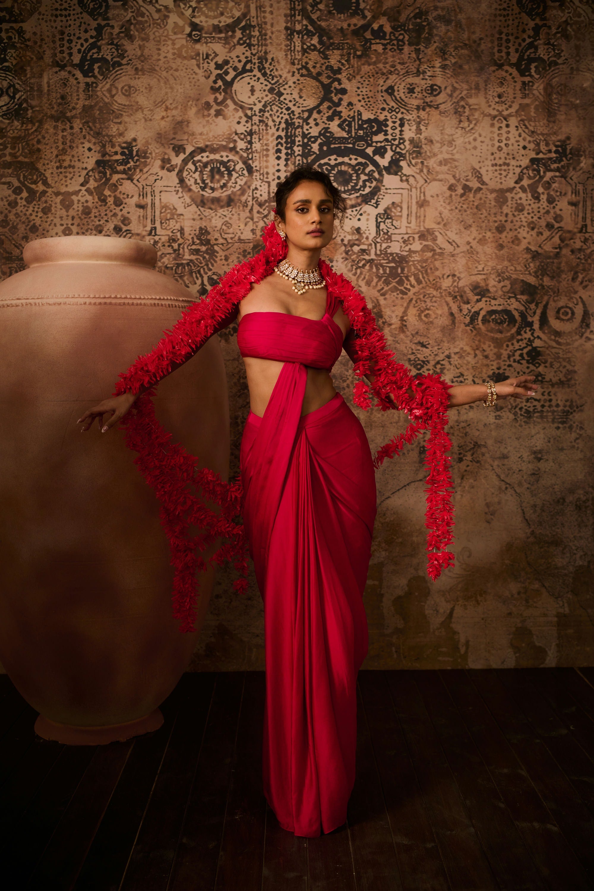 Hot pink top with skirt saree