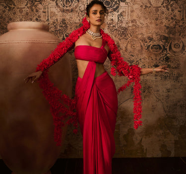 Hot pink top with skirt saree