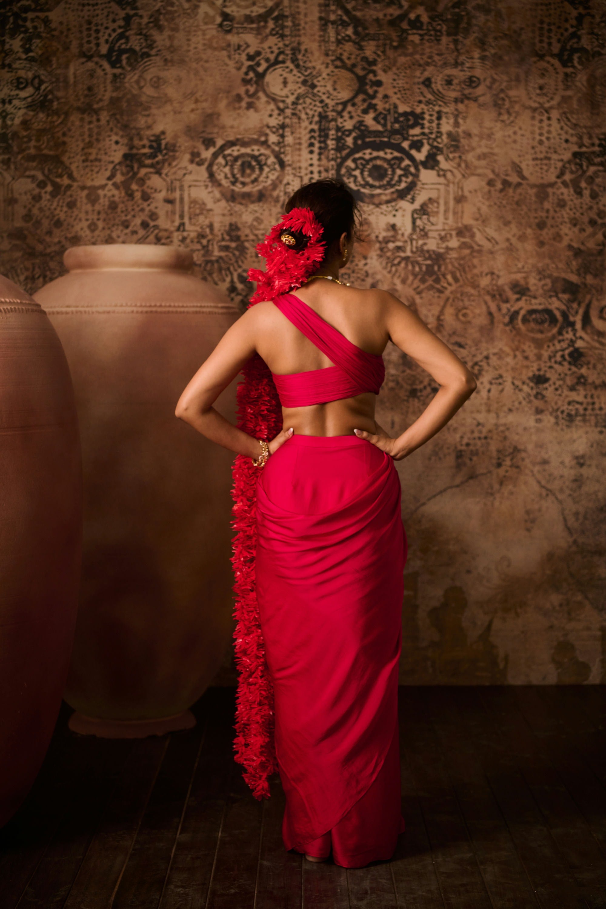 Hot pink top with skirt saree