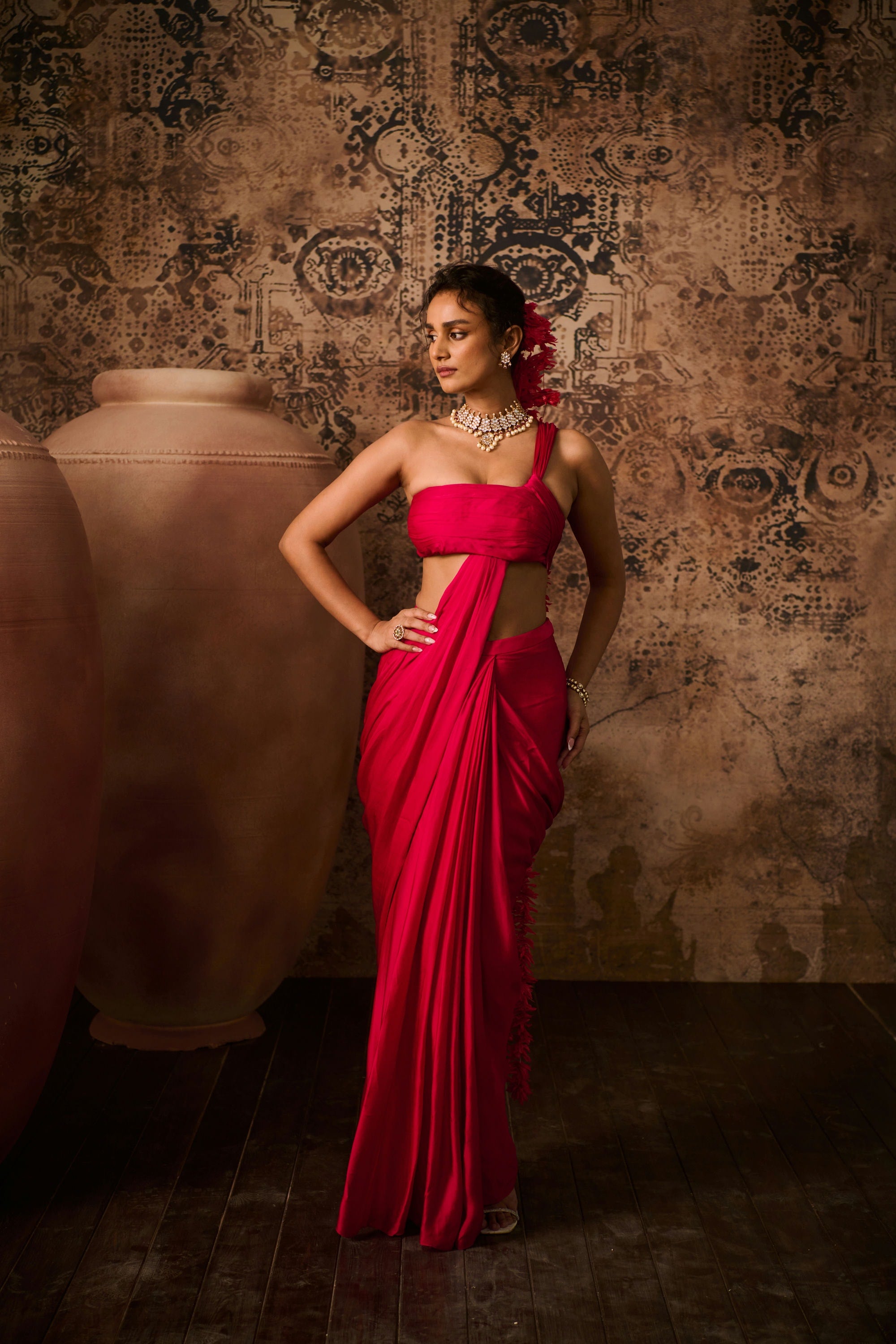 Hot pink top with skirt saree