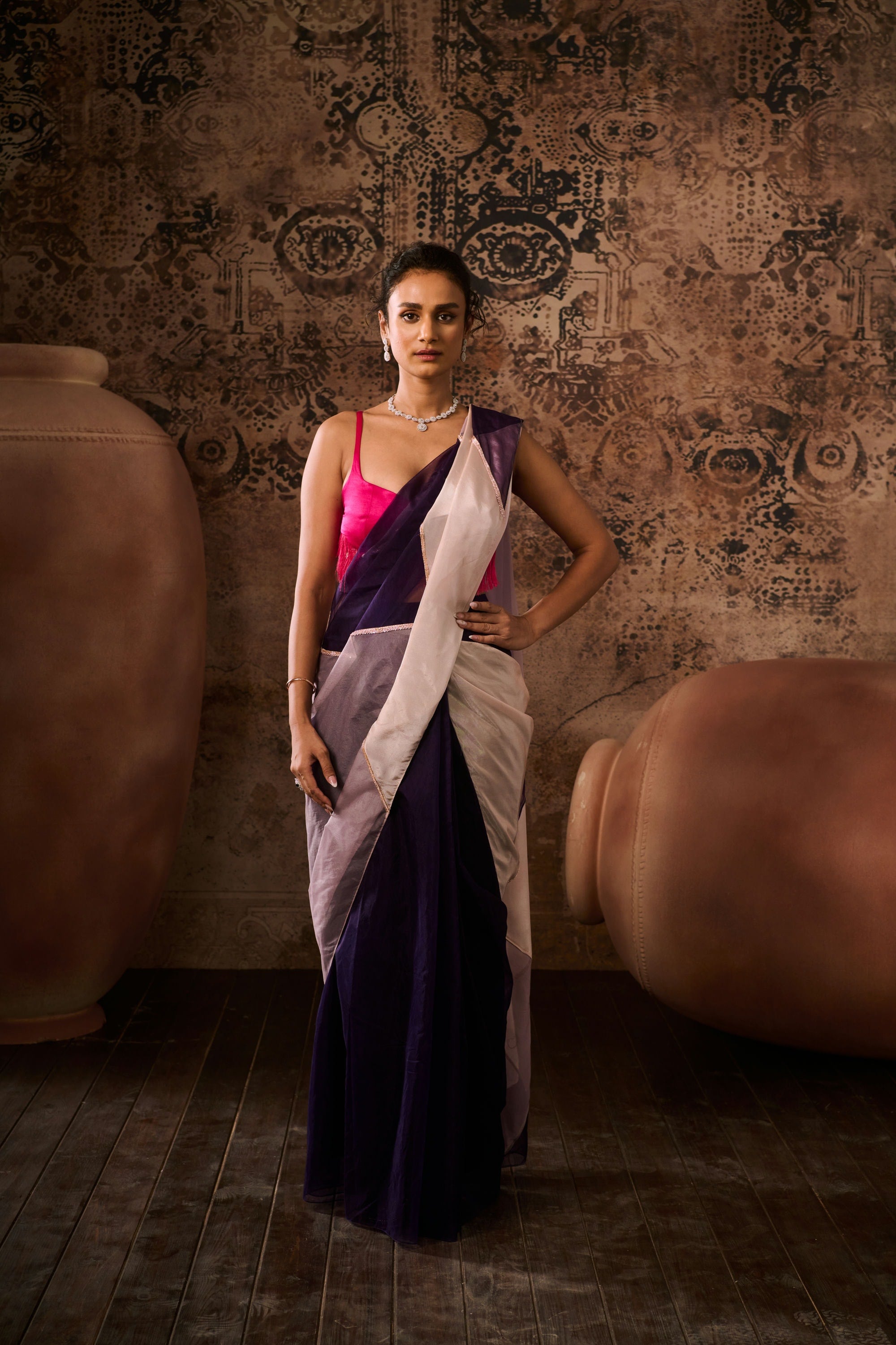 Hot pink blouse with multicoloured saree