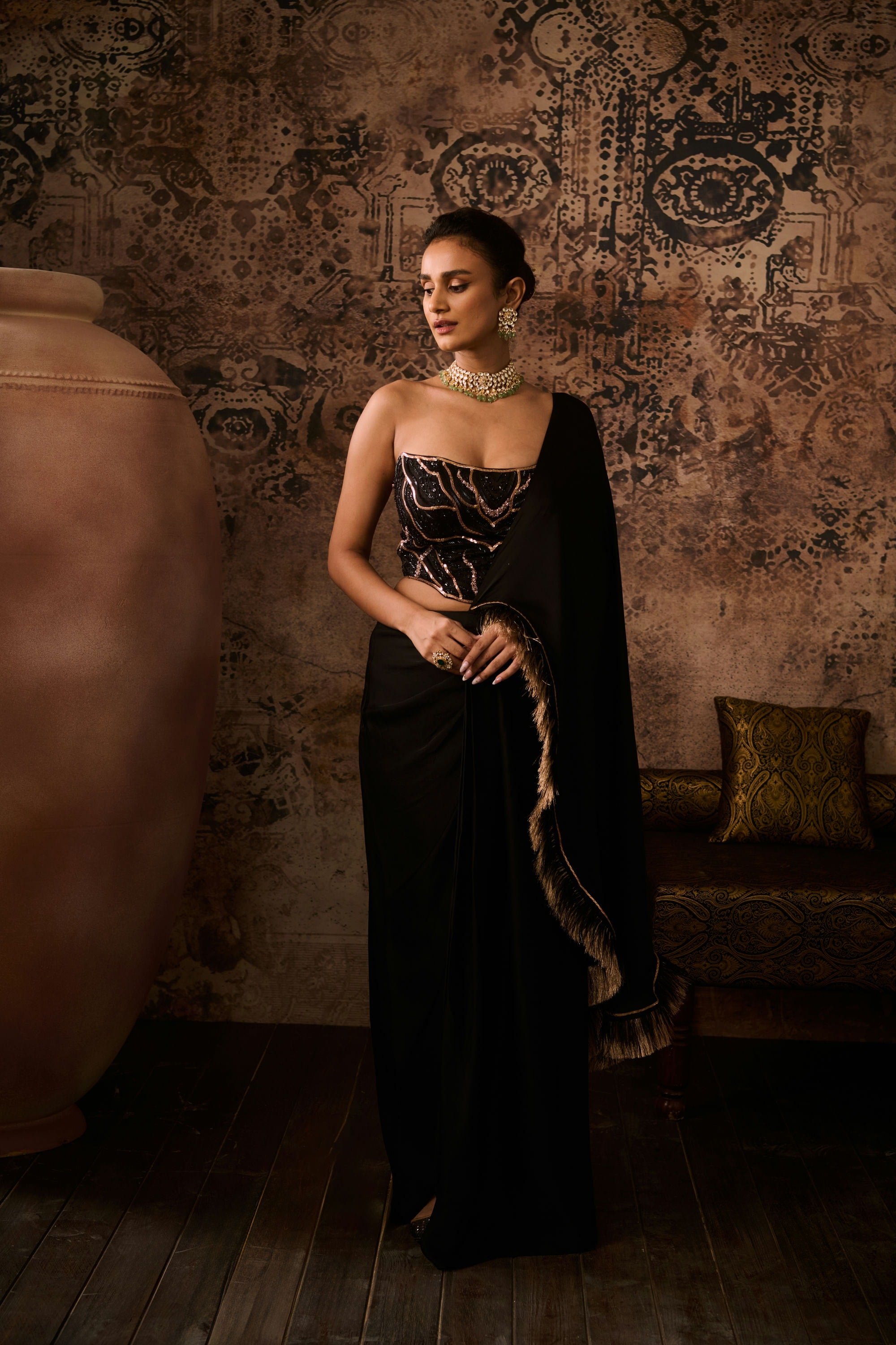 Black embroidered corset with drape saree