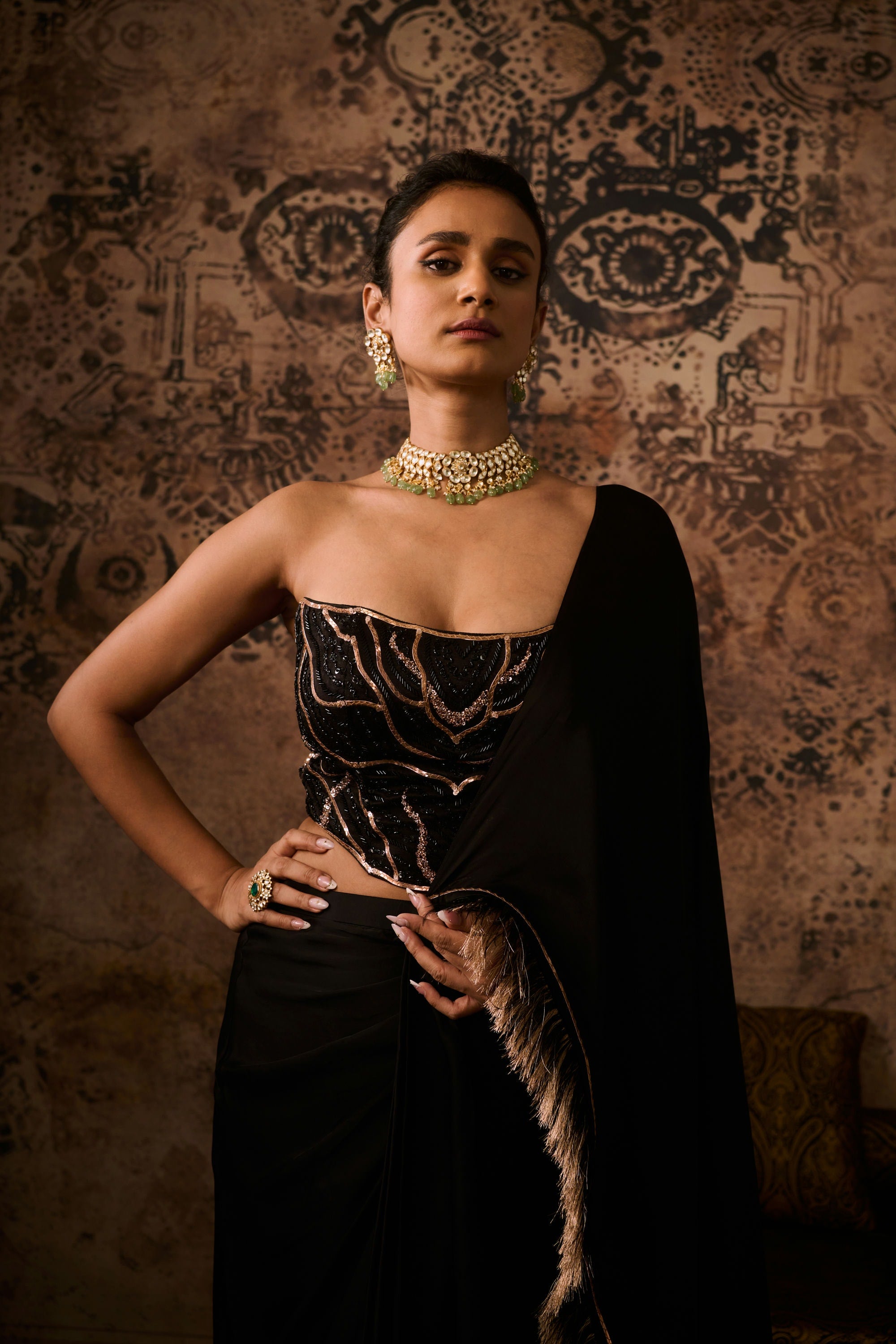 Black embroidered corset with drape saree