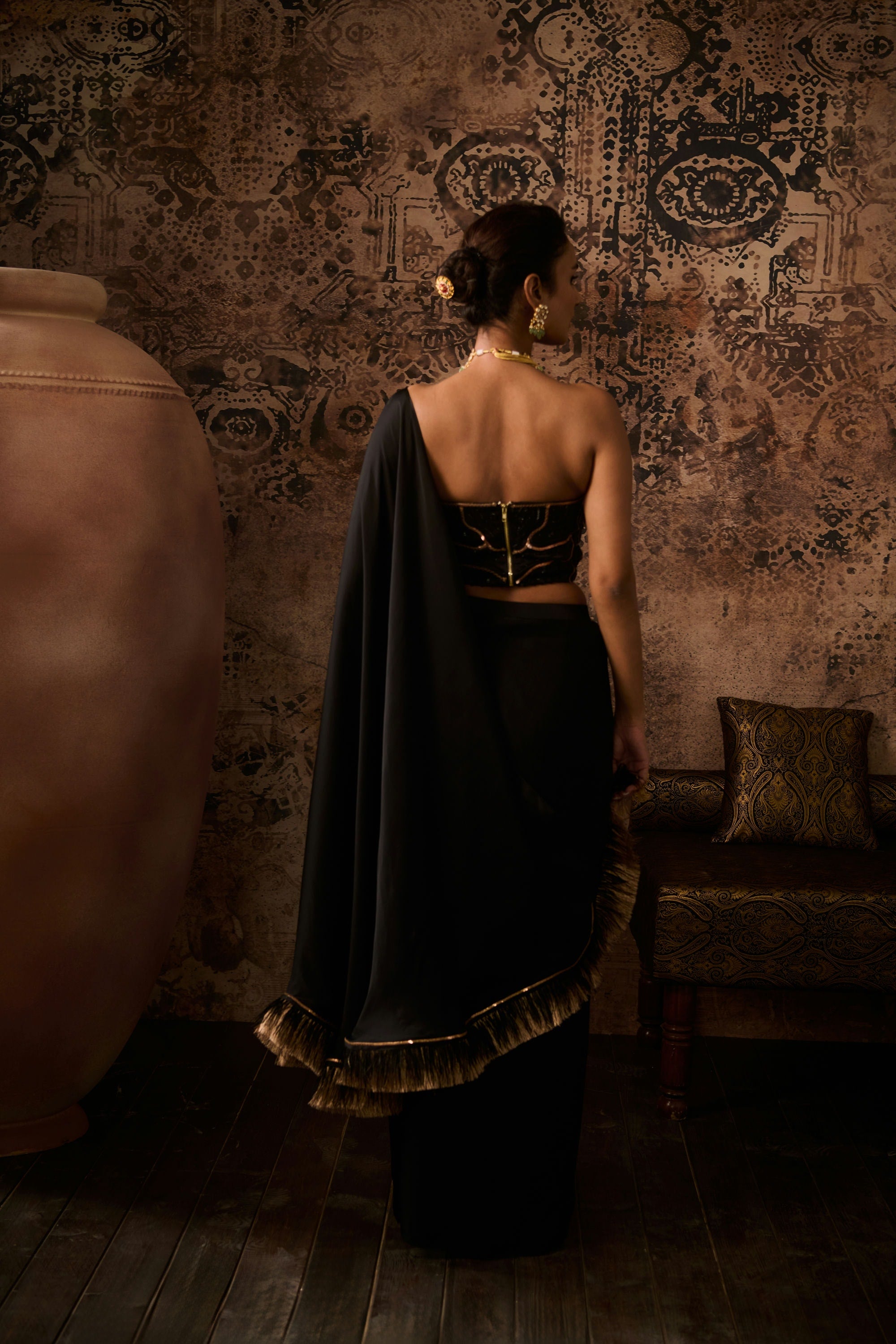 Black embroidered corset with drape saree