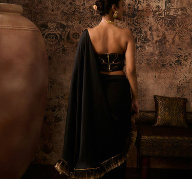 Black embroidered corset with drape saree