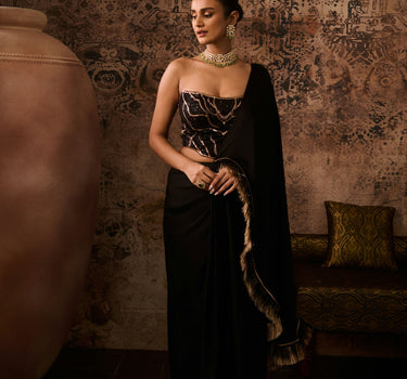 Black embroidered corset with drape saree