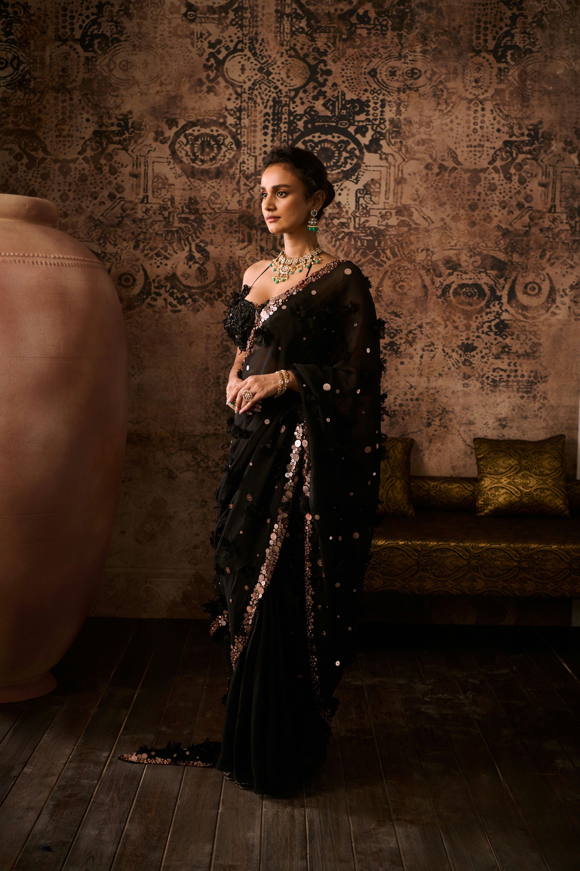 Black embroidered blouse with embroidered saree