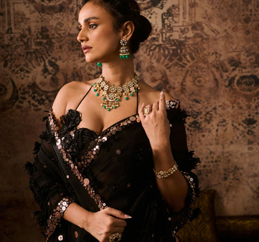 Black embroidered blouse with embroidered saree