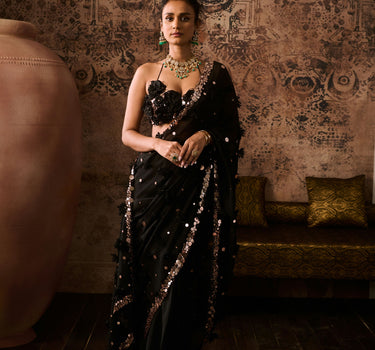 Black embroidered blouse with embroidered saree