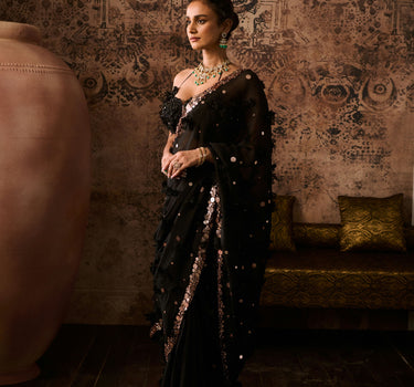 Black embroidered blouse with embroidered saree