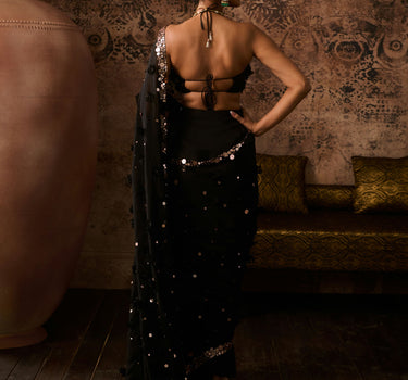 Black embroidered blouse with embroidered saree