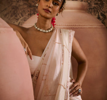 White blouse with tissue embroidered saree