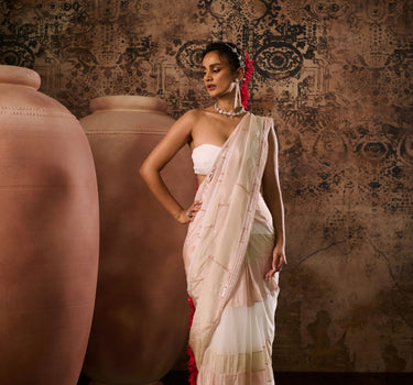 White blouse with tissue embroidered saree