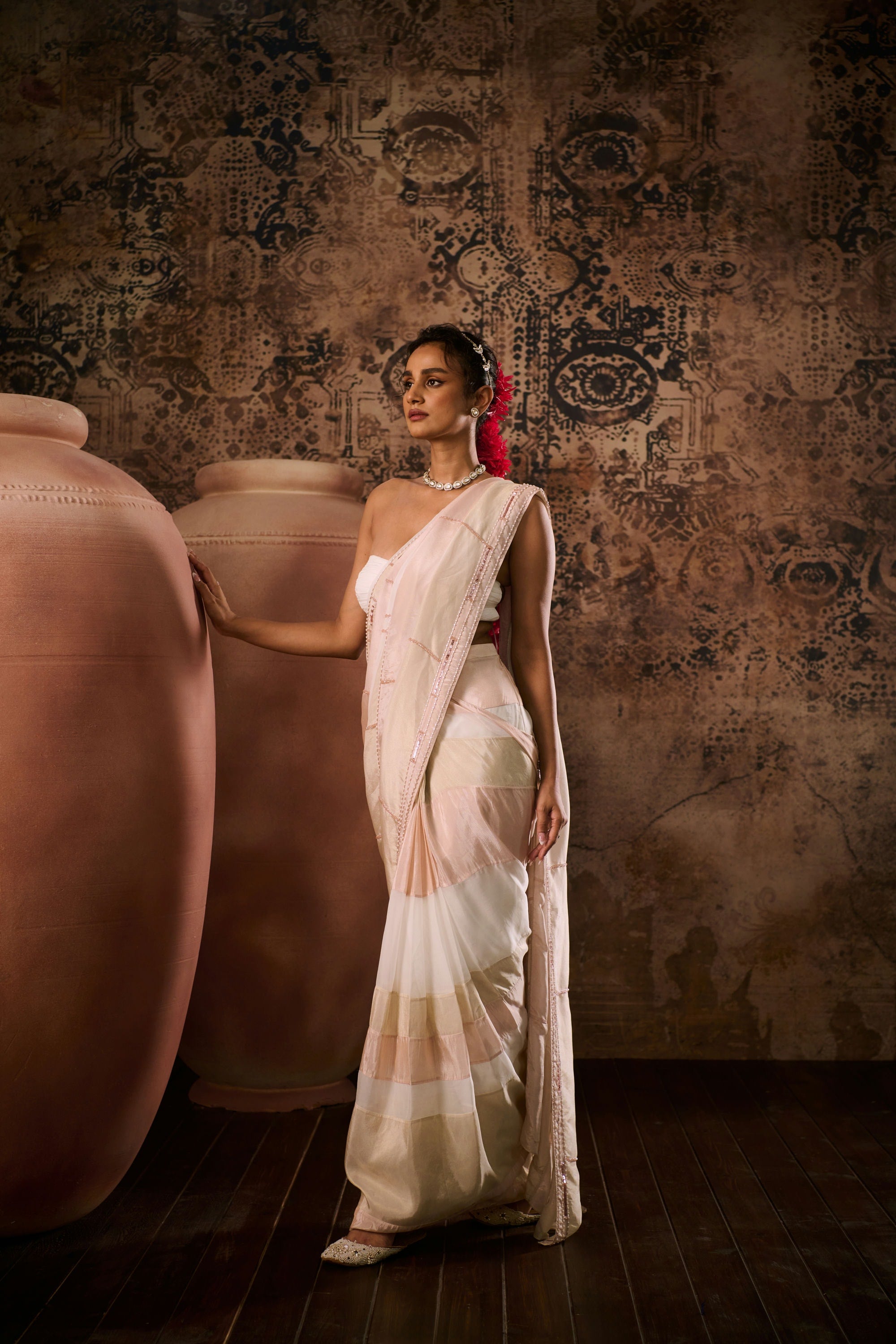 White blouse with tissue embroidered saree