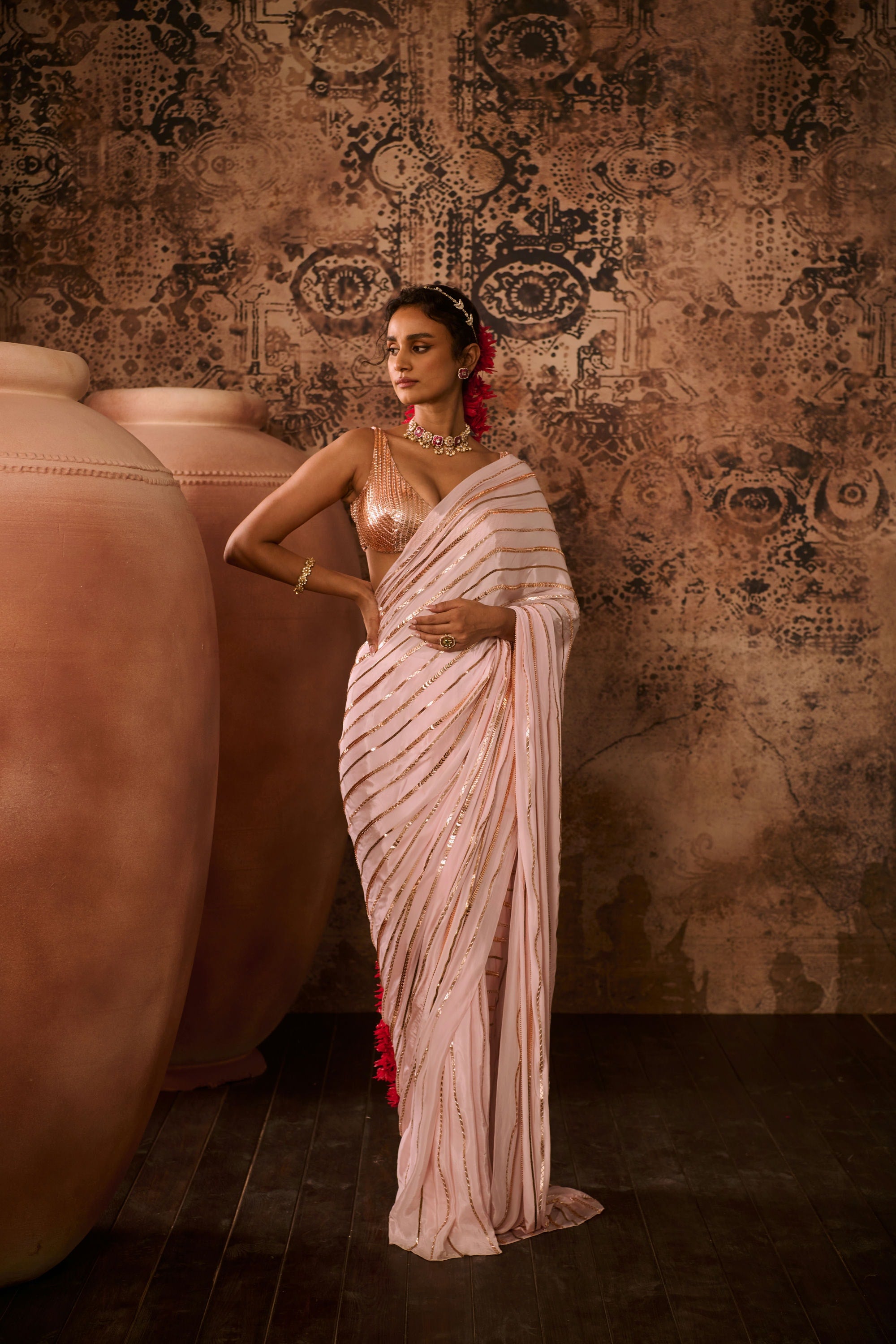 Baby pink embroidered blouse with embroidered saree