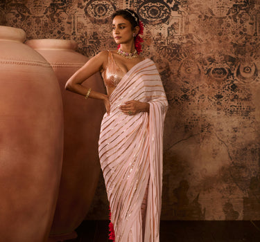 Baby pink embroidered blouse with embroidered saree