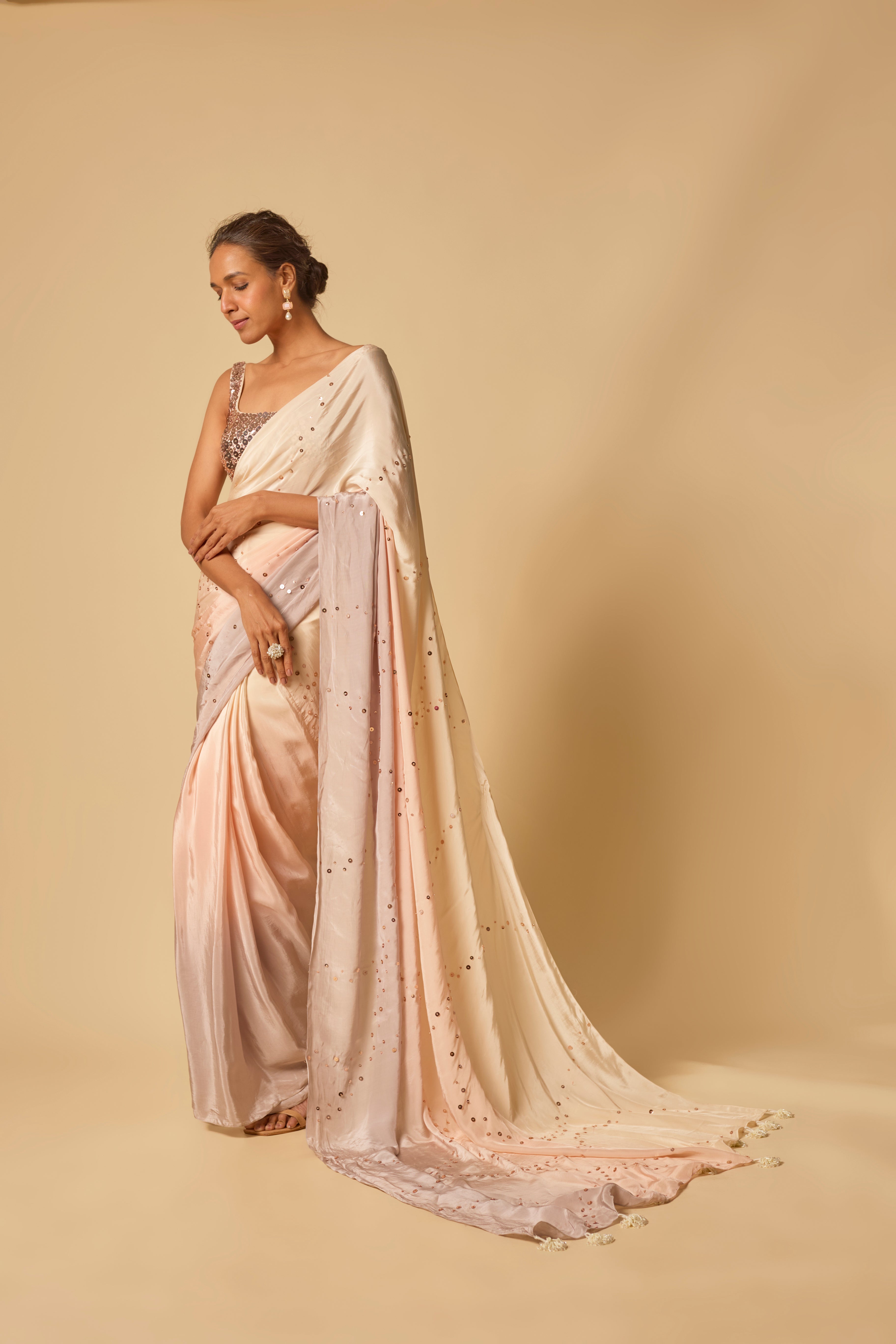 Beige to Lilac Ombre Sequin Embroidered  Pre-stitched Saree with Embroidered Blouse