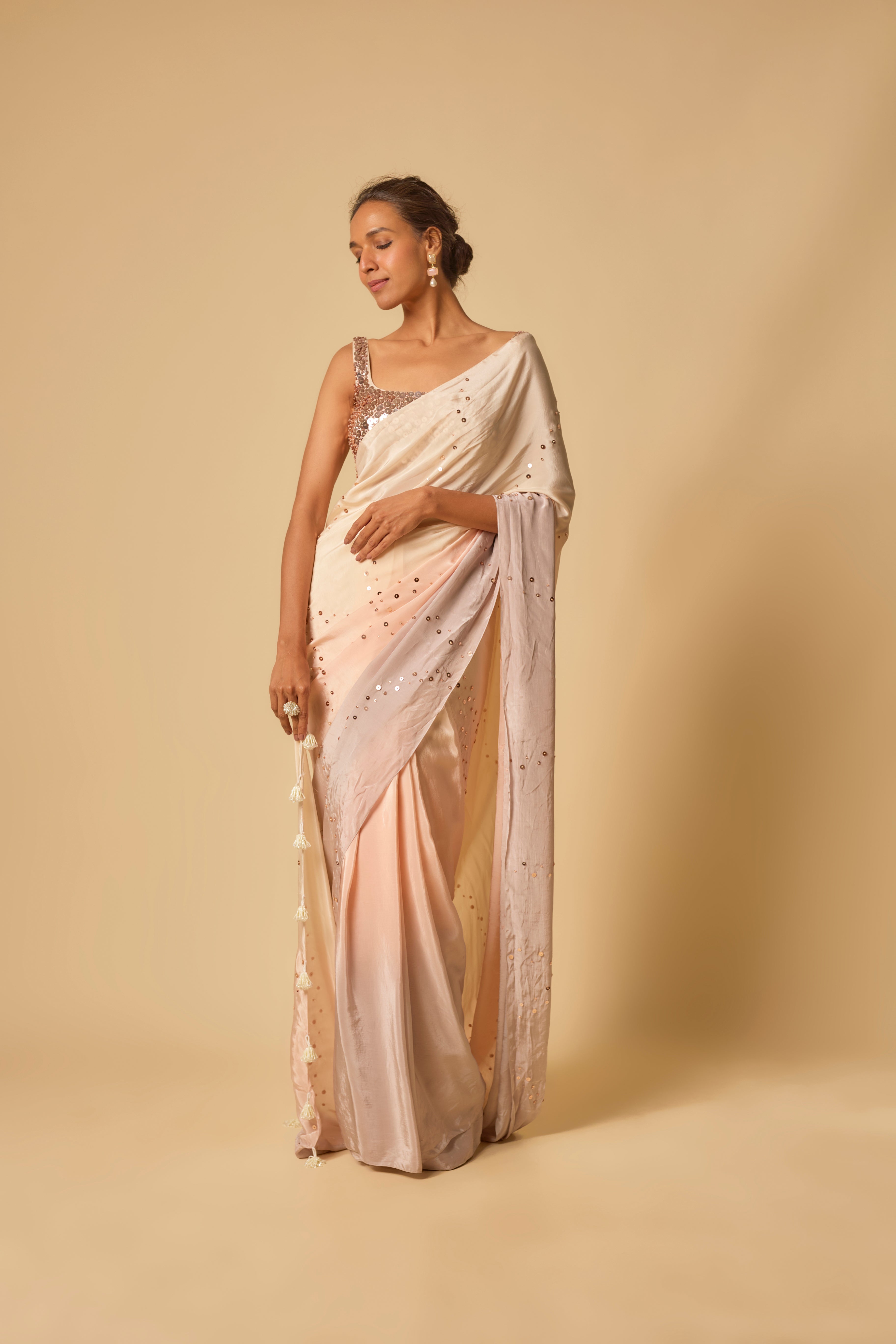 Beige to Lilac Ombre Sequin Embroidered  Pre-stitched Saree with Embroidered Blouse