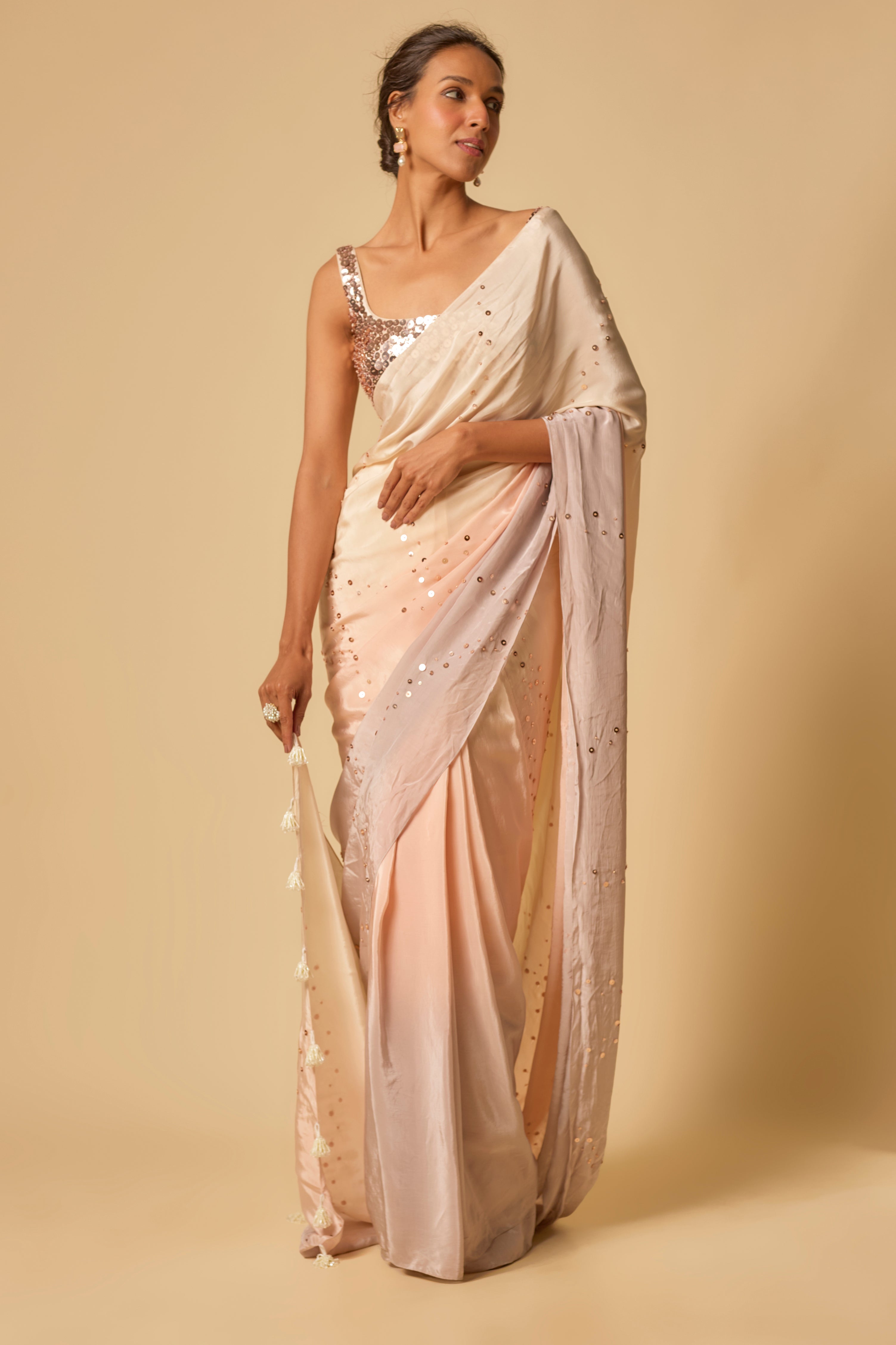 Beige to Lilac Ombre Sequin Embroidered  Pre-stitched Saree with Embroidered Blouse