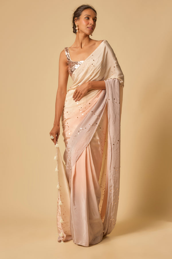 Beige to Lilac Ombre Sequin Embroidered  Pre-stitched Saree with Embroidered Blouse