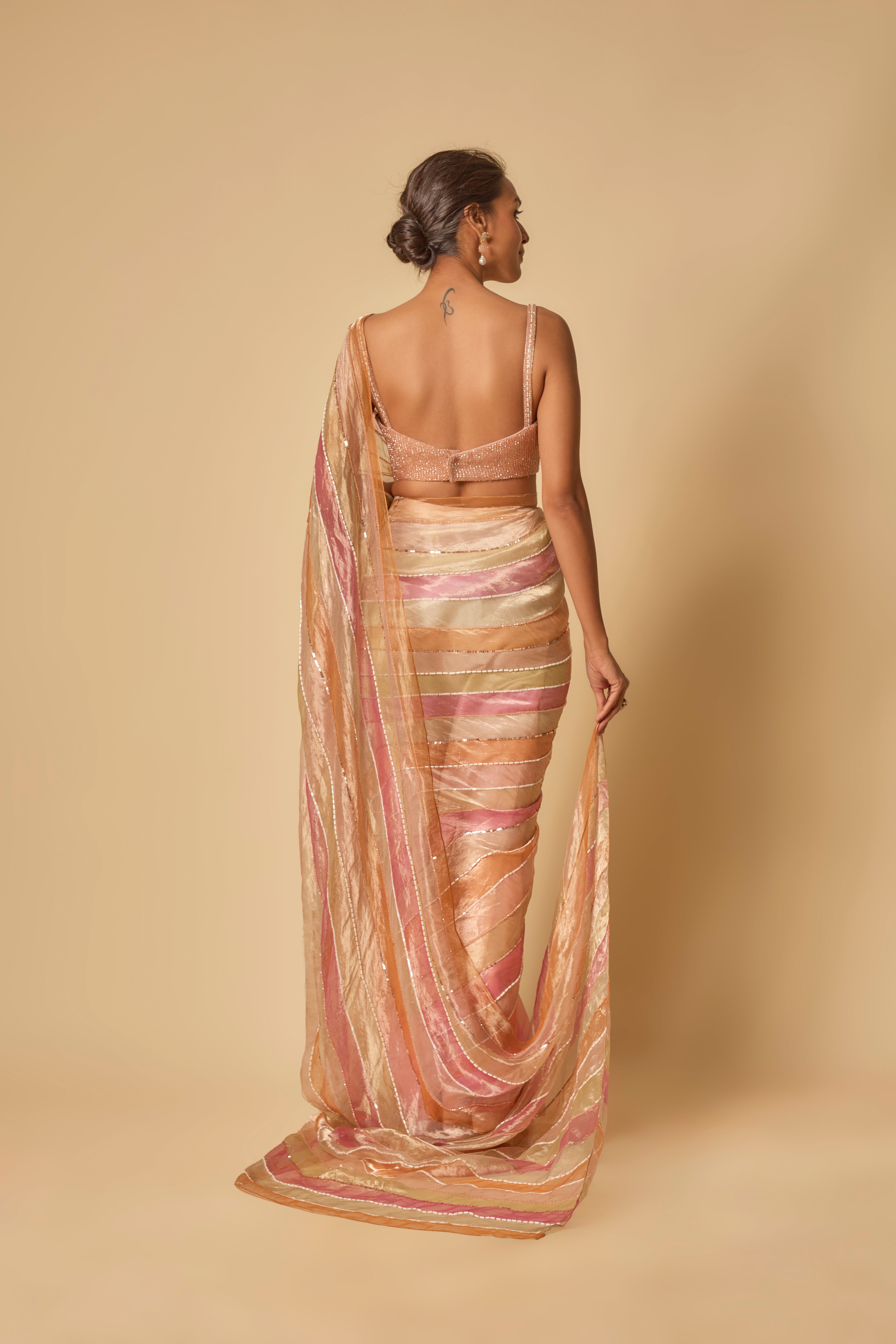 Multi Colour Embroidered Tissue and Ombre Pre-stitched Saree with Embroidered Blouse