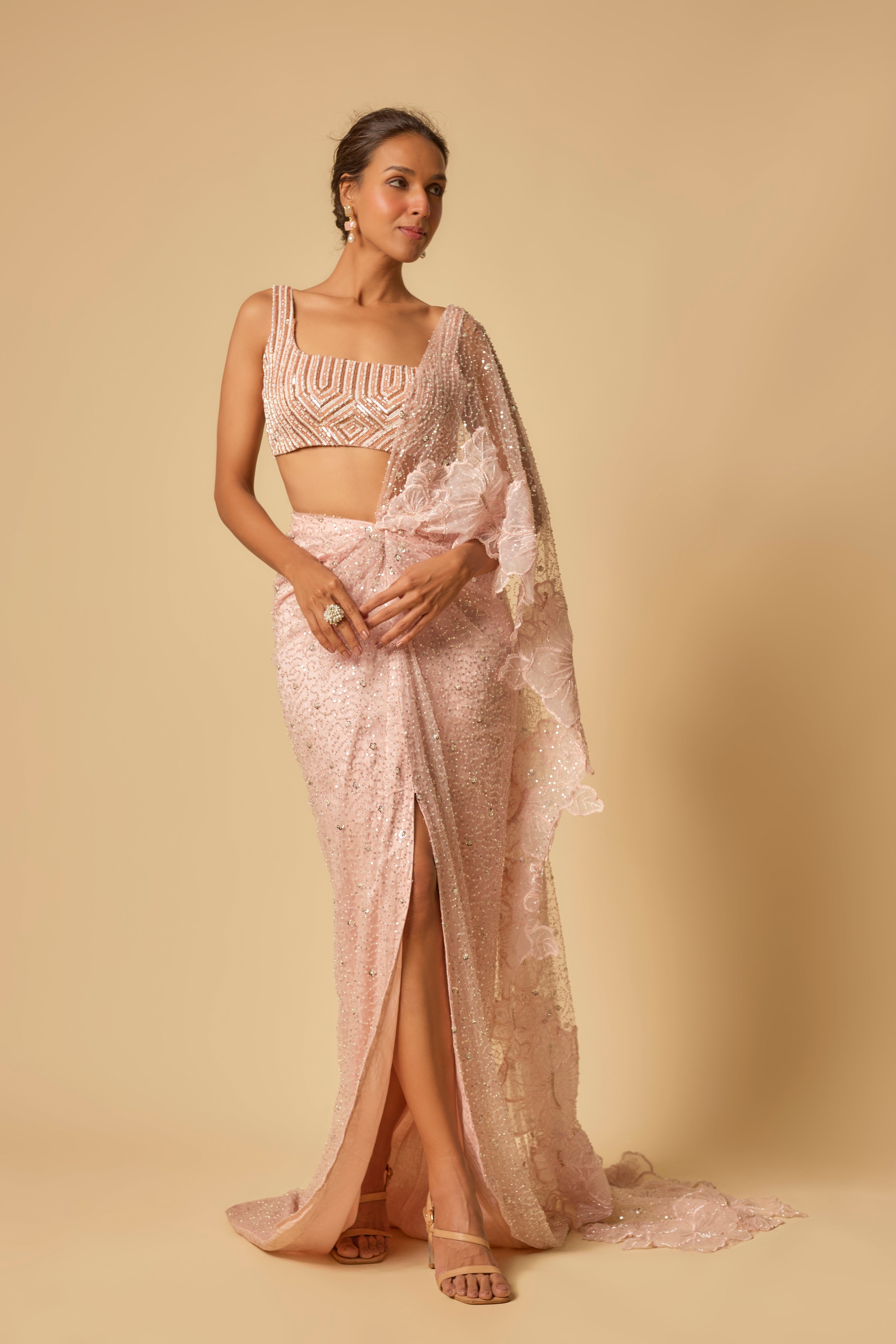 Pink Heavy Embroidered  Pre-stitched Drape Saree with Embroidered Blouse