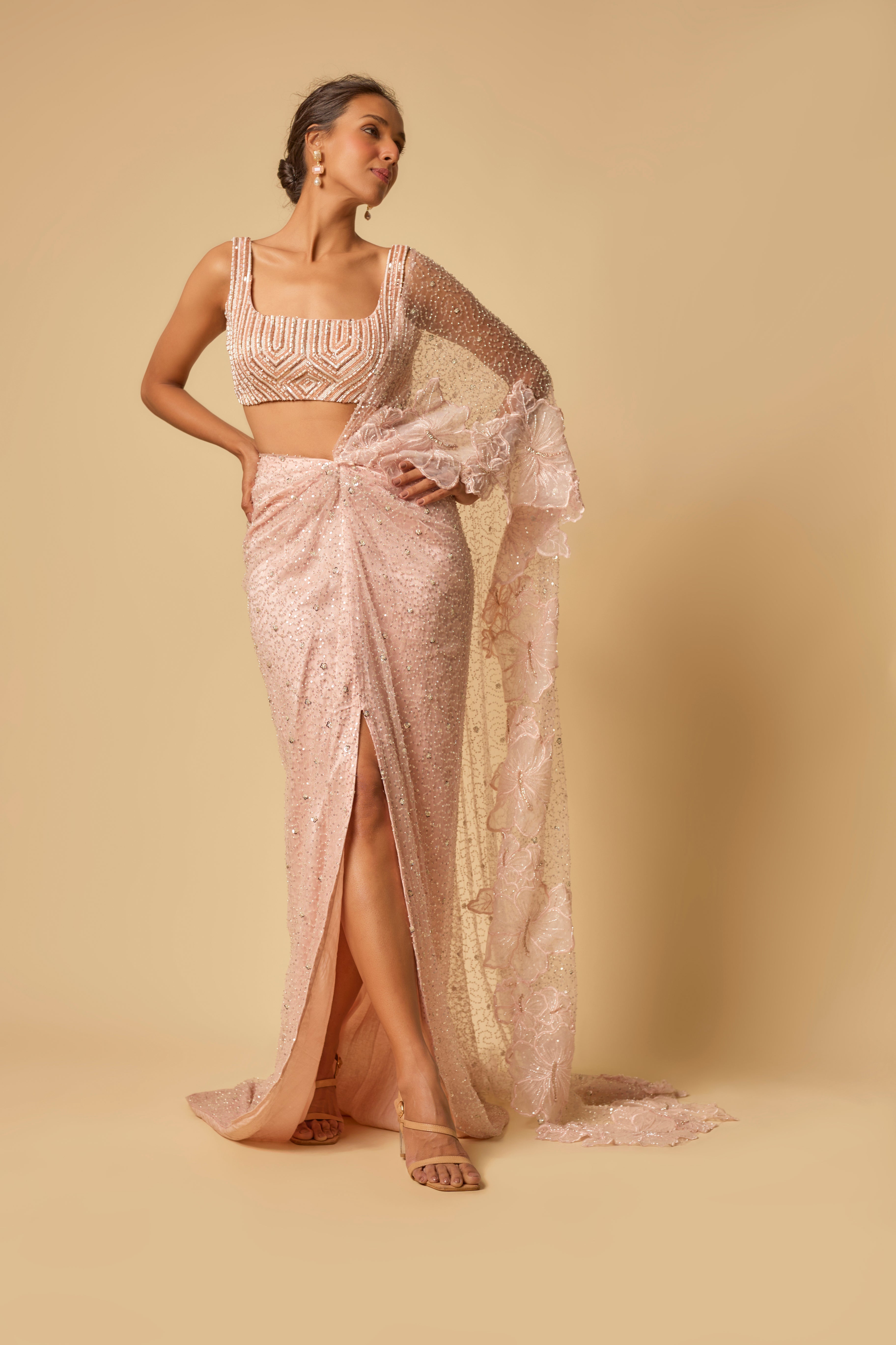 Pink Heavy Embroidered  Pre-stitched Drape Saree with Embroidered Blouse