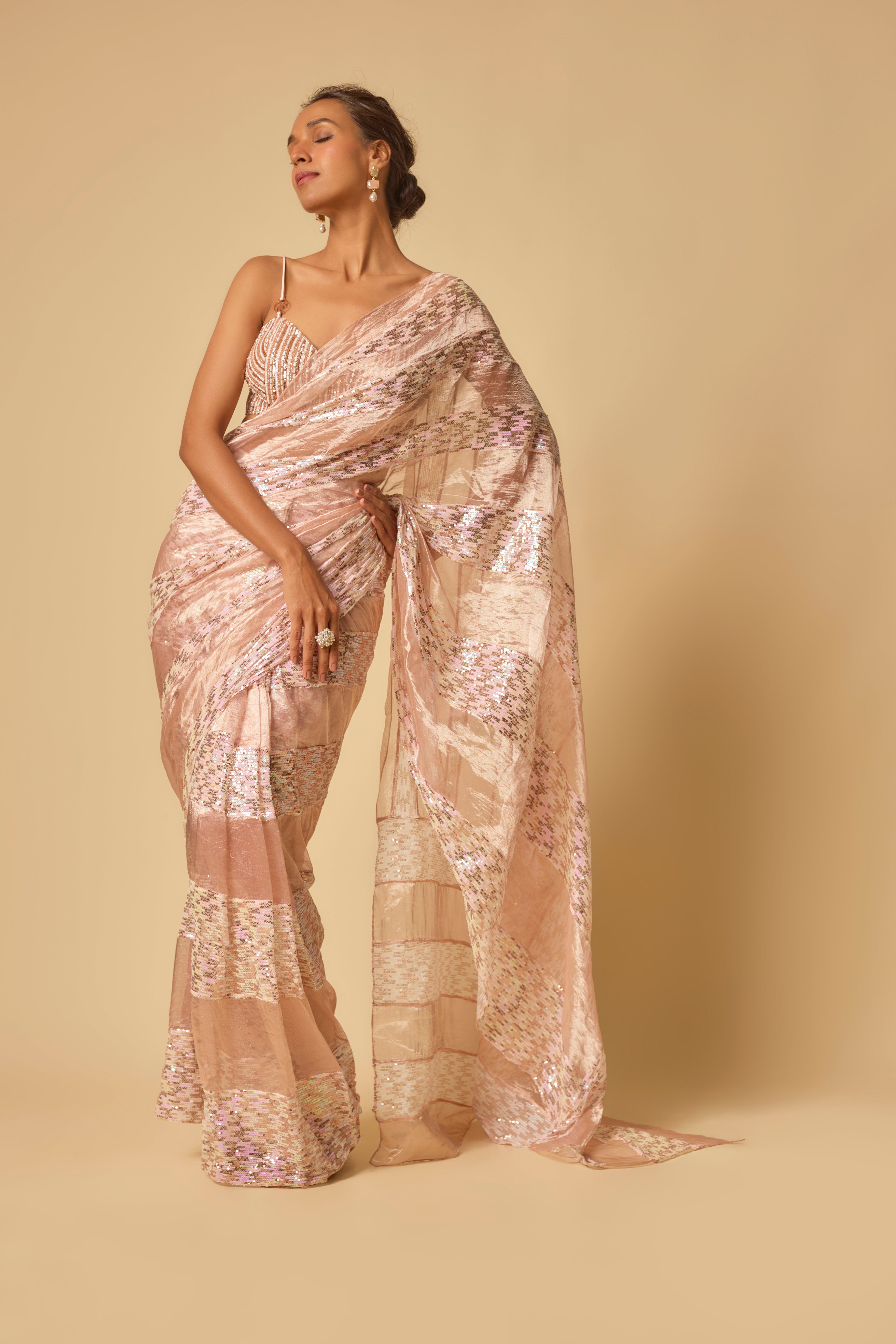 Pink Tissue and.Sequin Block  Pre-stitched Saree with Embroidered Blouse