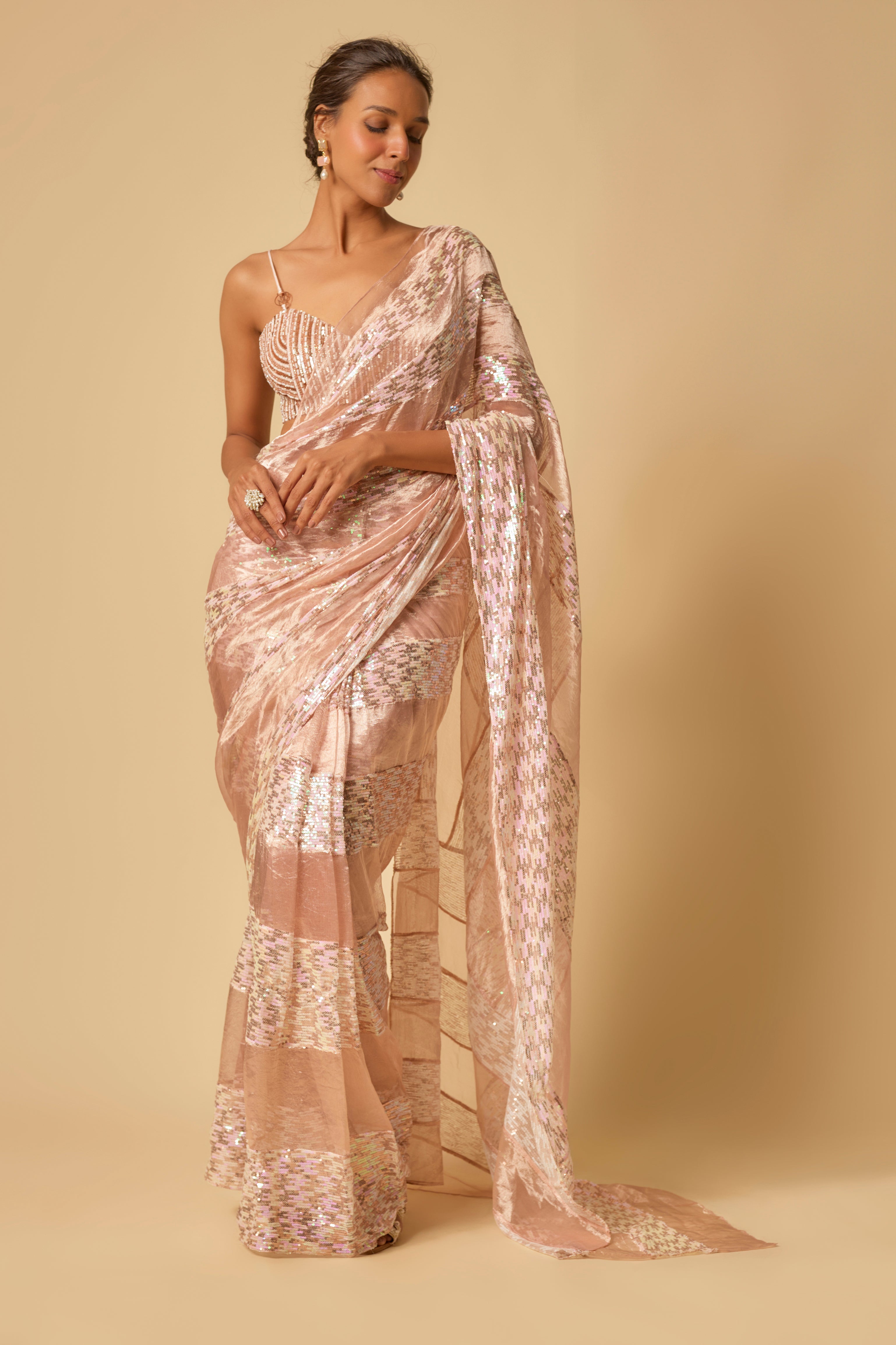 Pink Tissue and.Sequin Block  Pre-stitched Saree with Embroidered Blouse