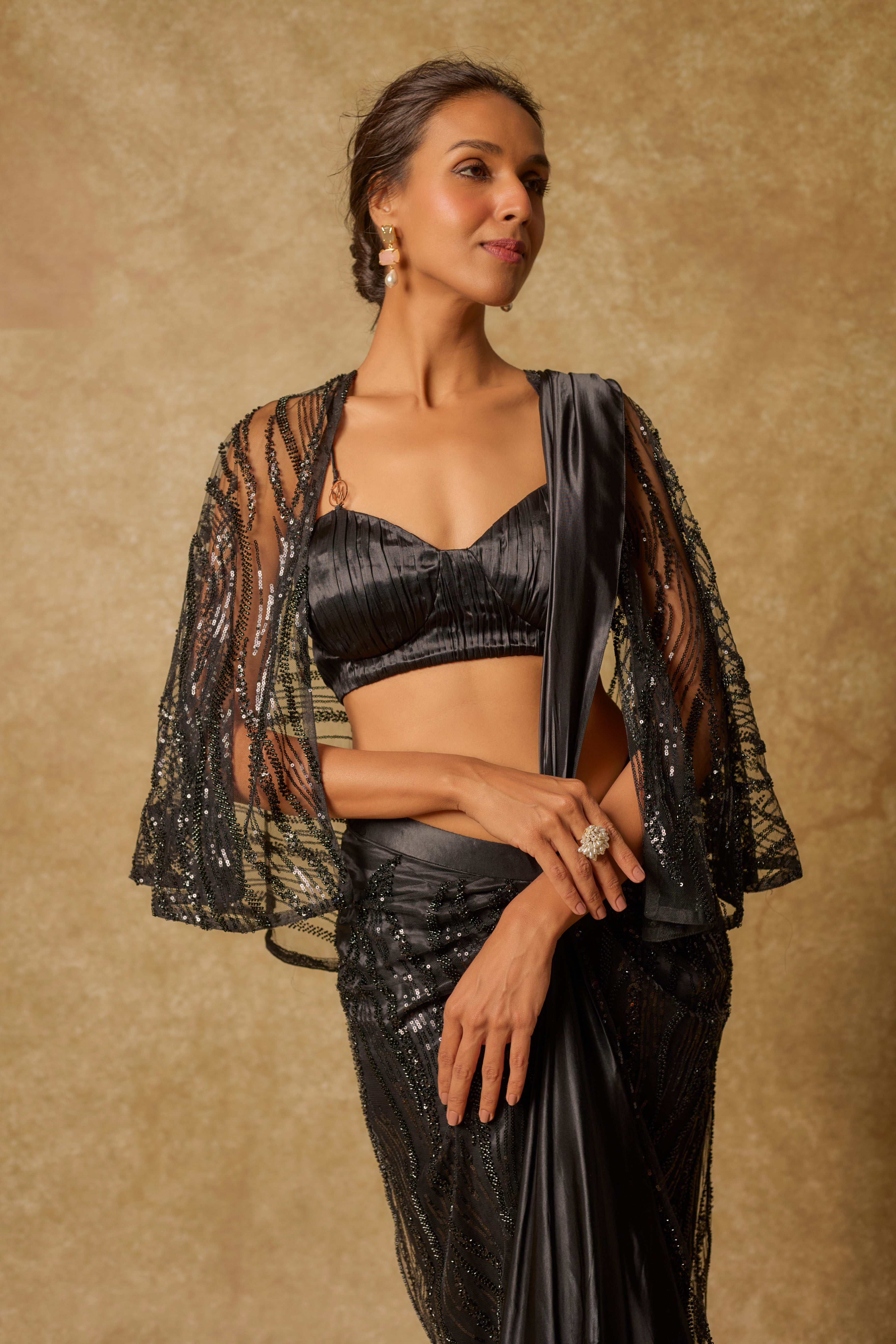 Black Embroidered  Pre-stitched Drape Saree with Cape