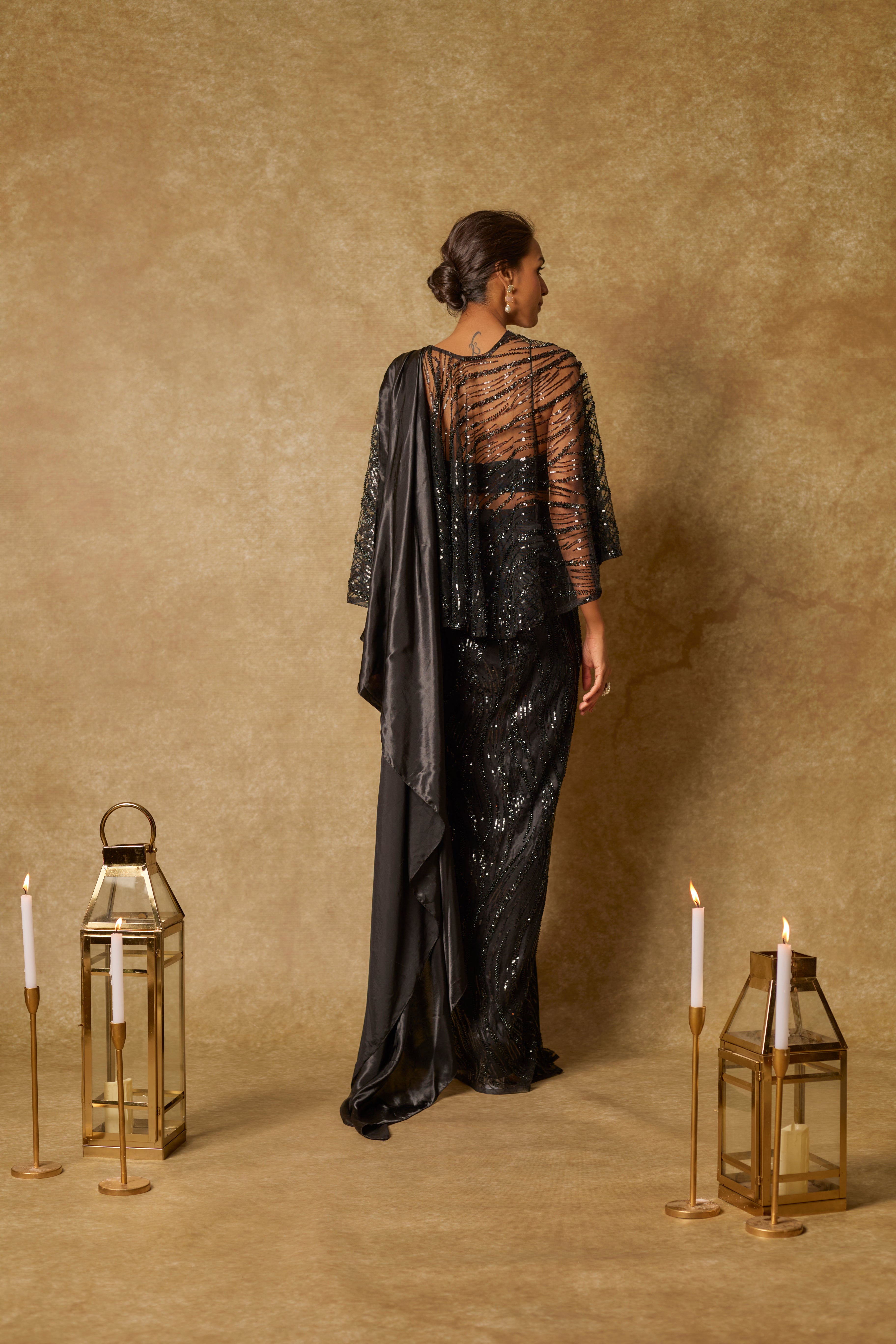 Black Embroidered  Pre-stitched Drape Saree with Cape