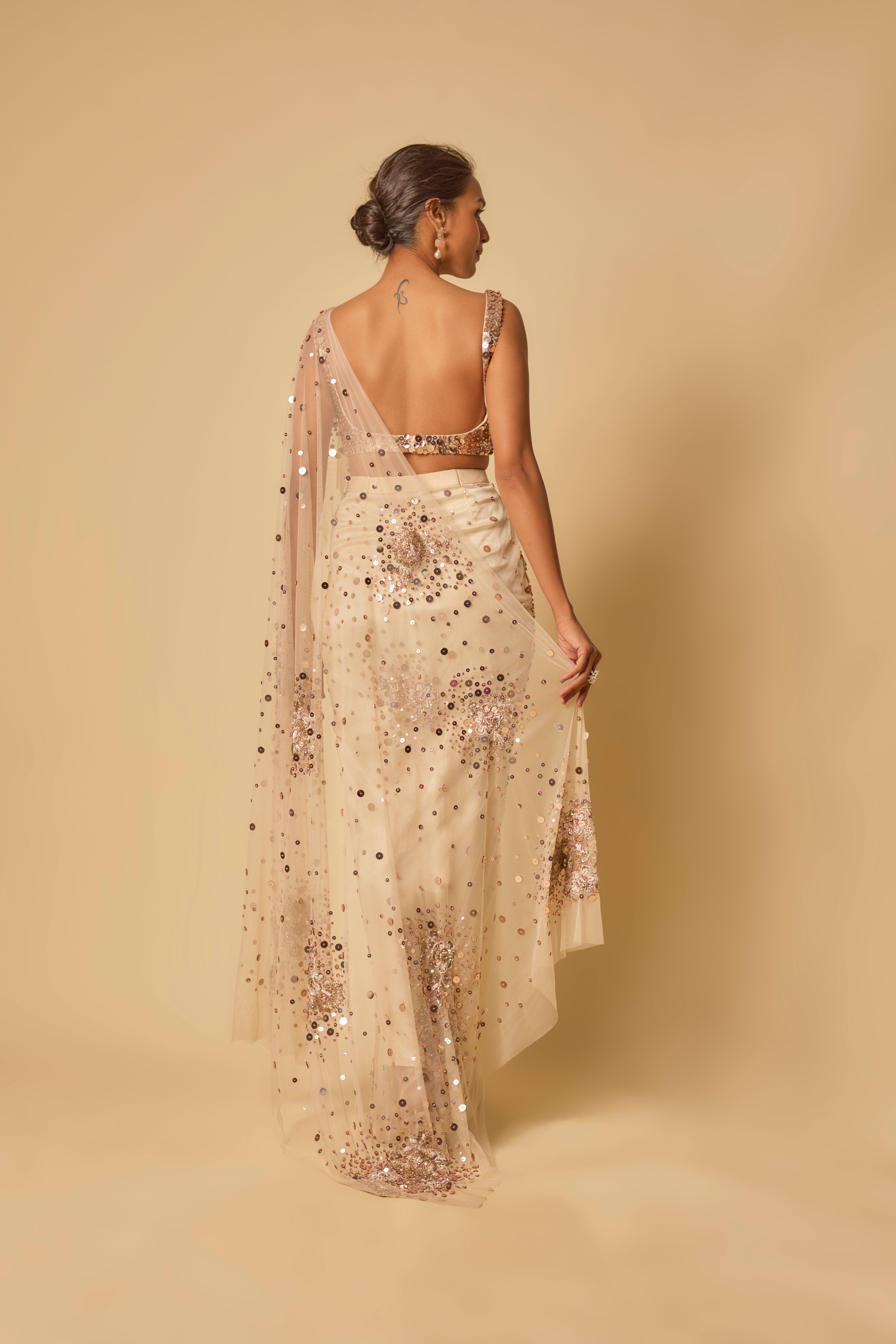 Beige Sequin Embroidered  Pre-stitched Drape Saree