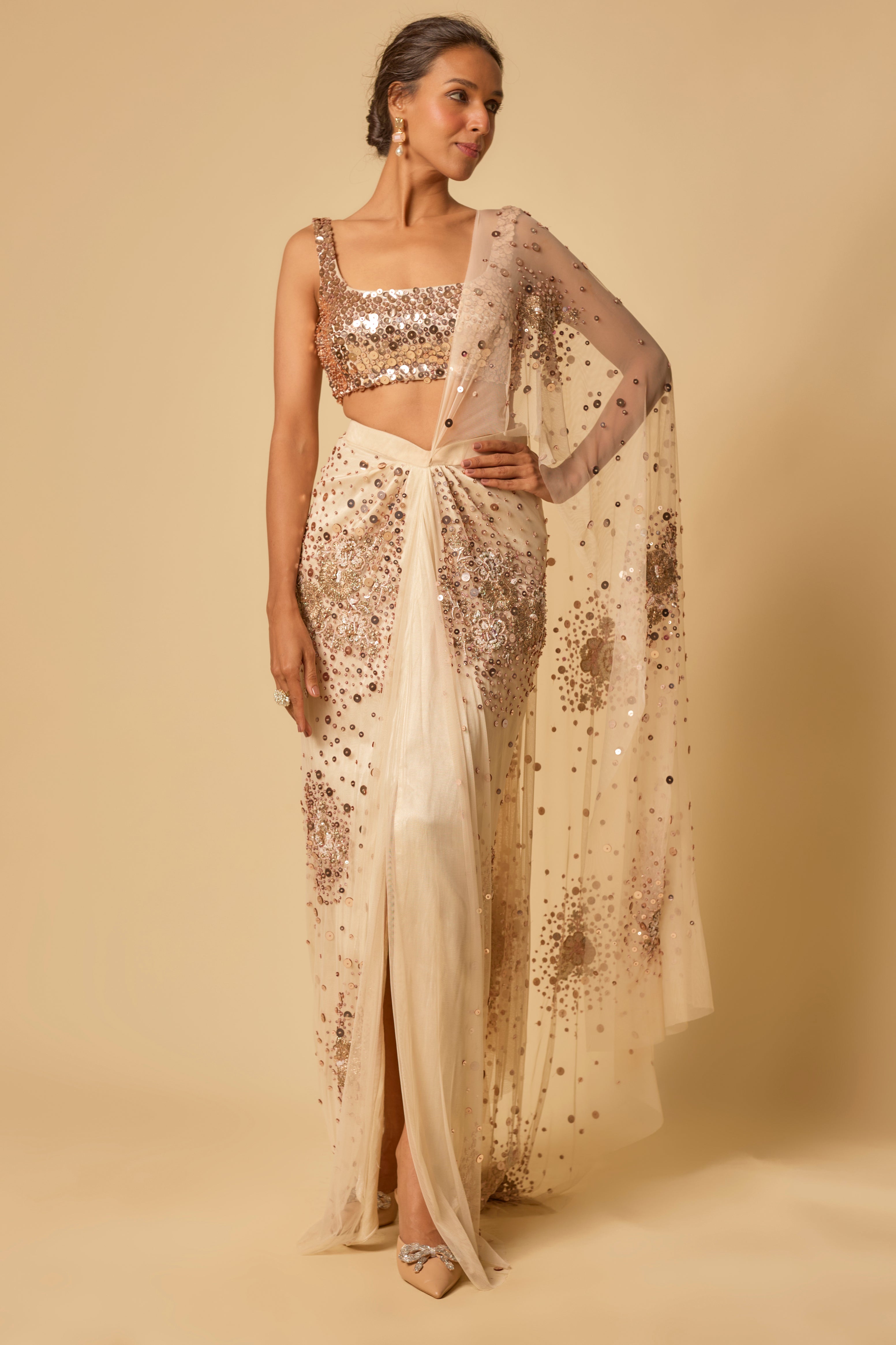 Beige Sequin Embroidered  Pre-stitched Drape Saree