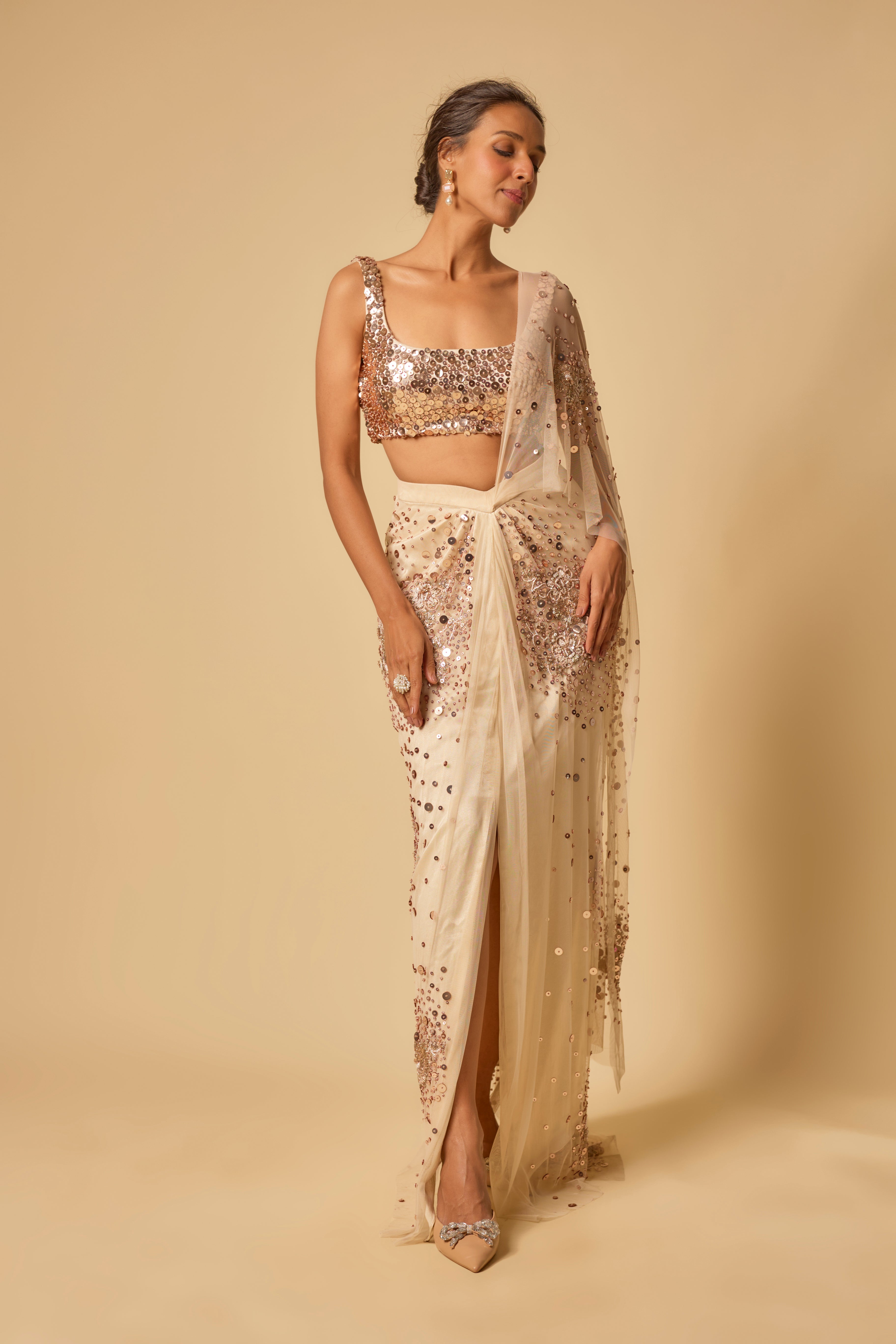 Beige Sequin Embroidered  Pre-stitched Drape Saree