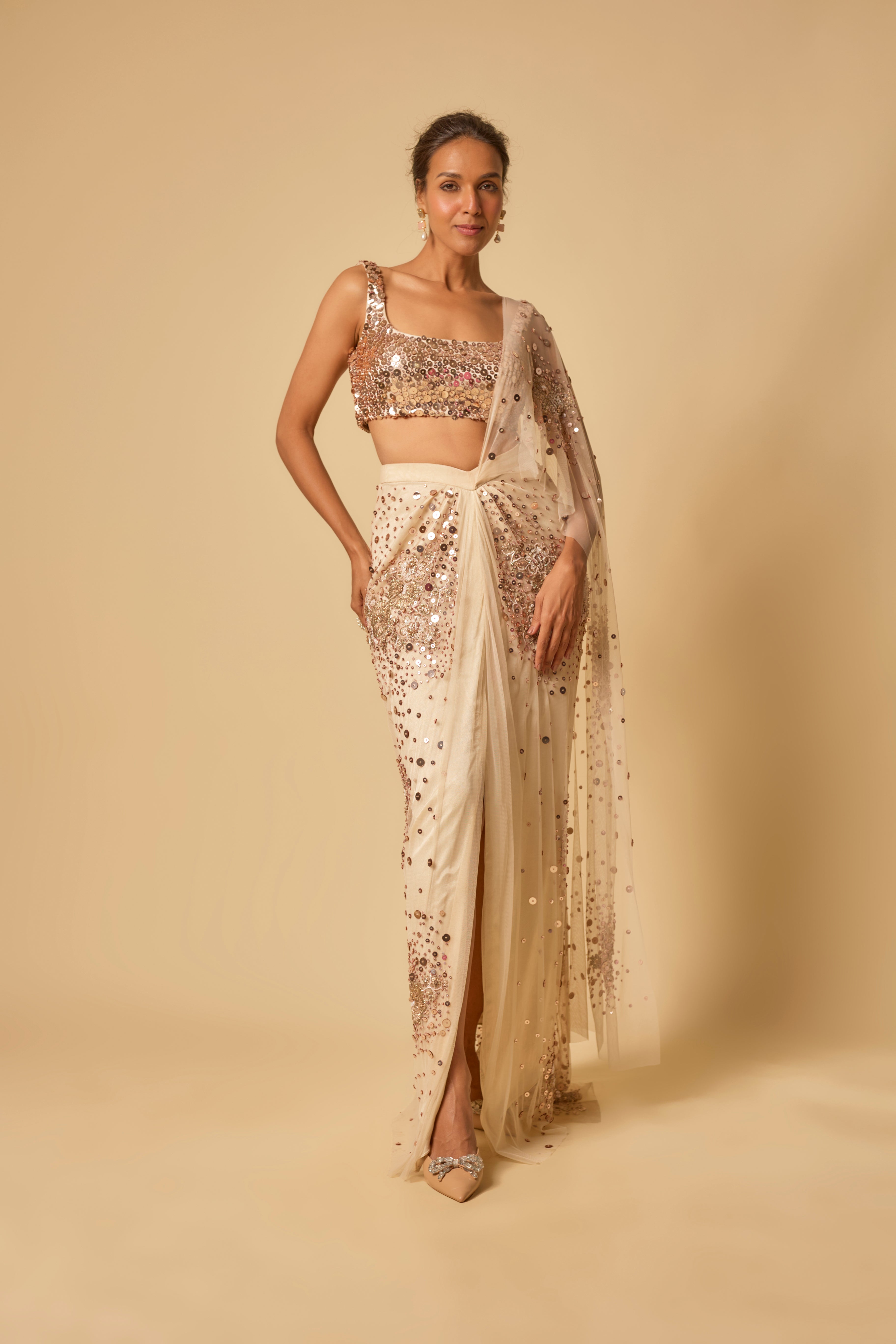 Beige Sequin Embroidered  Pre-stitched Drape Saree