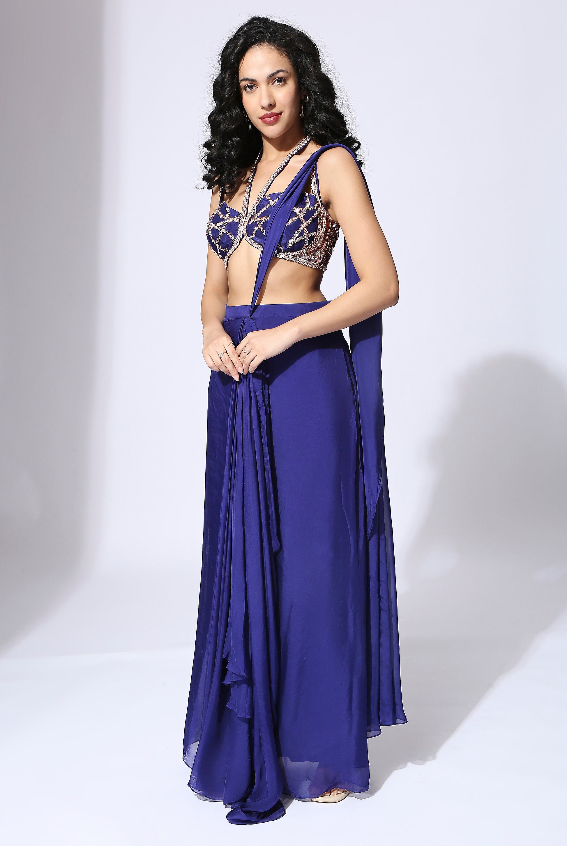 Royal Blue Embroidered Saree Set