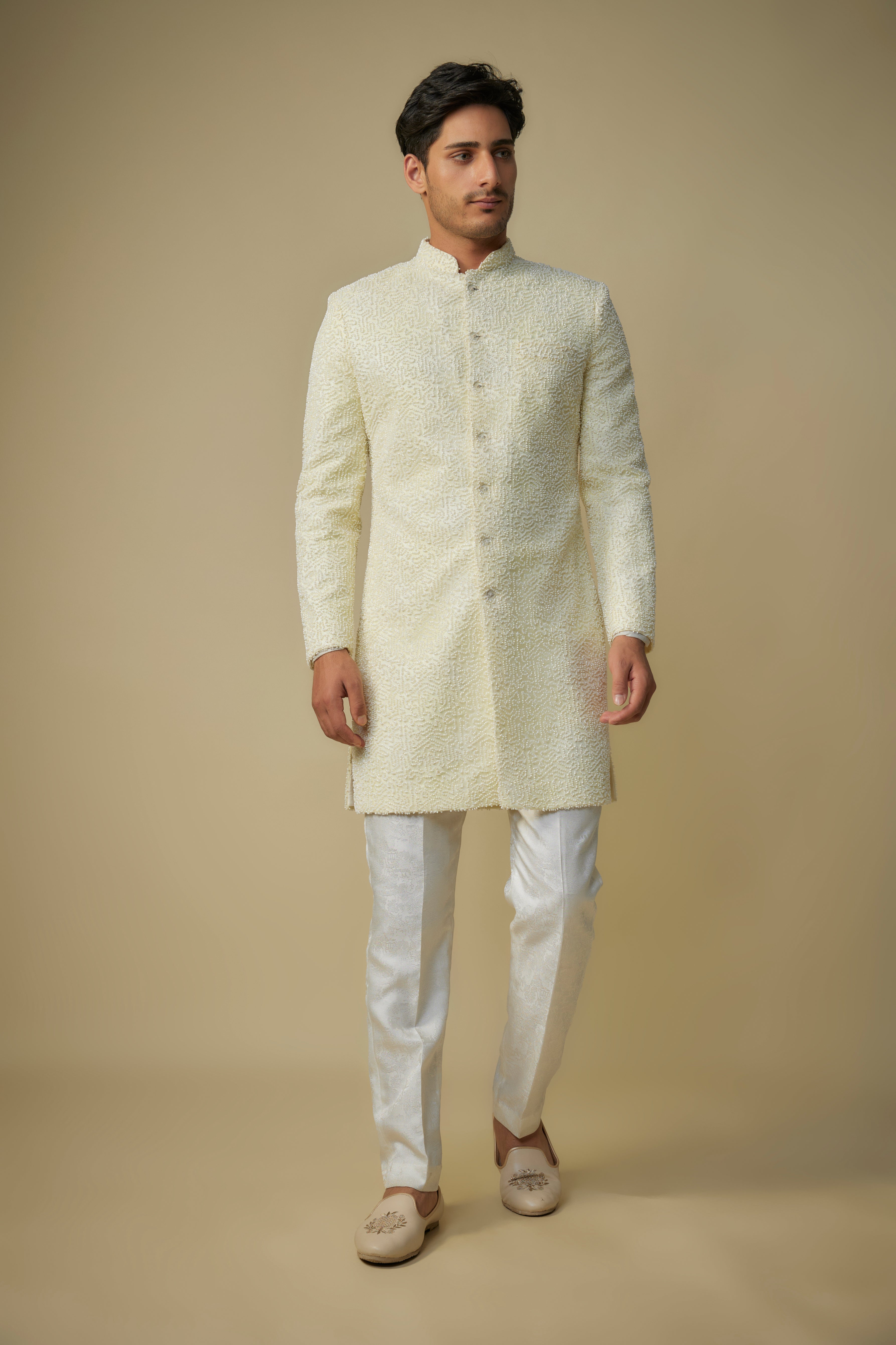 yellow embroiderd sherwani with pant