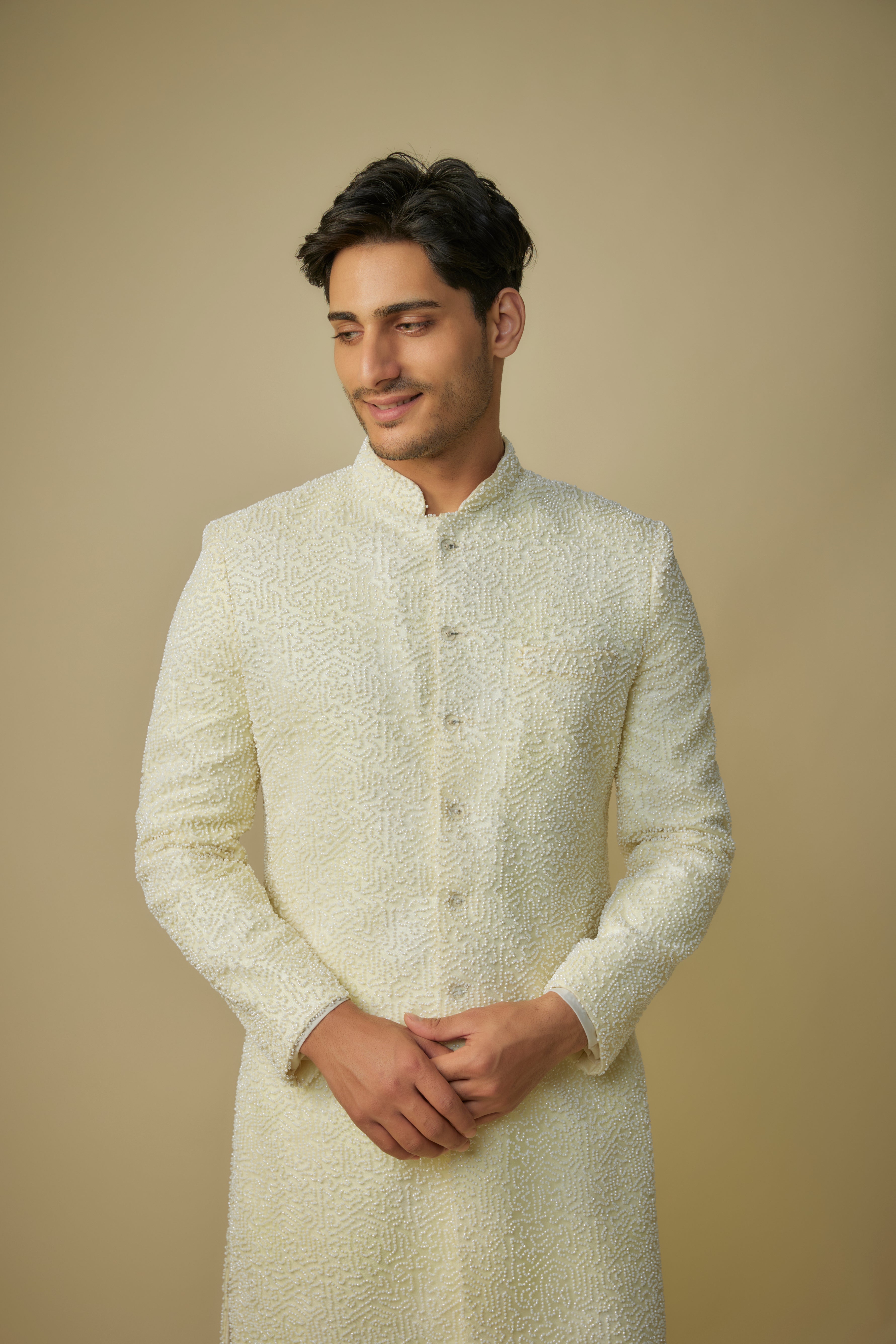 yellow embroiderd sherwani with pant