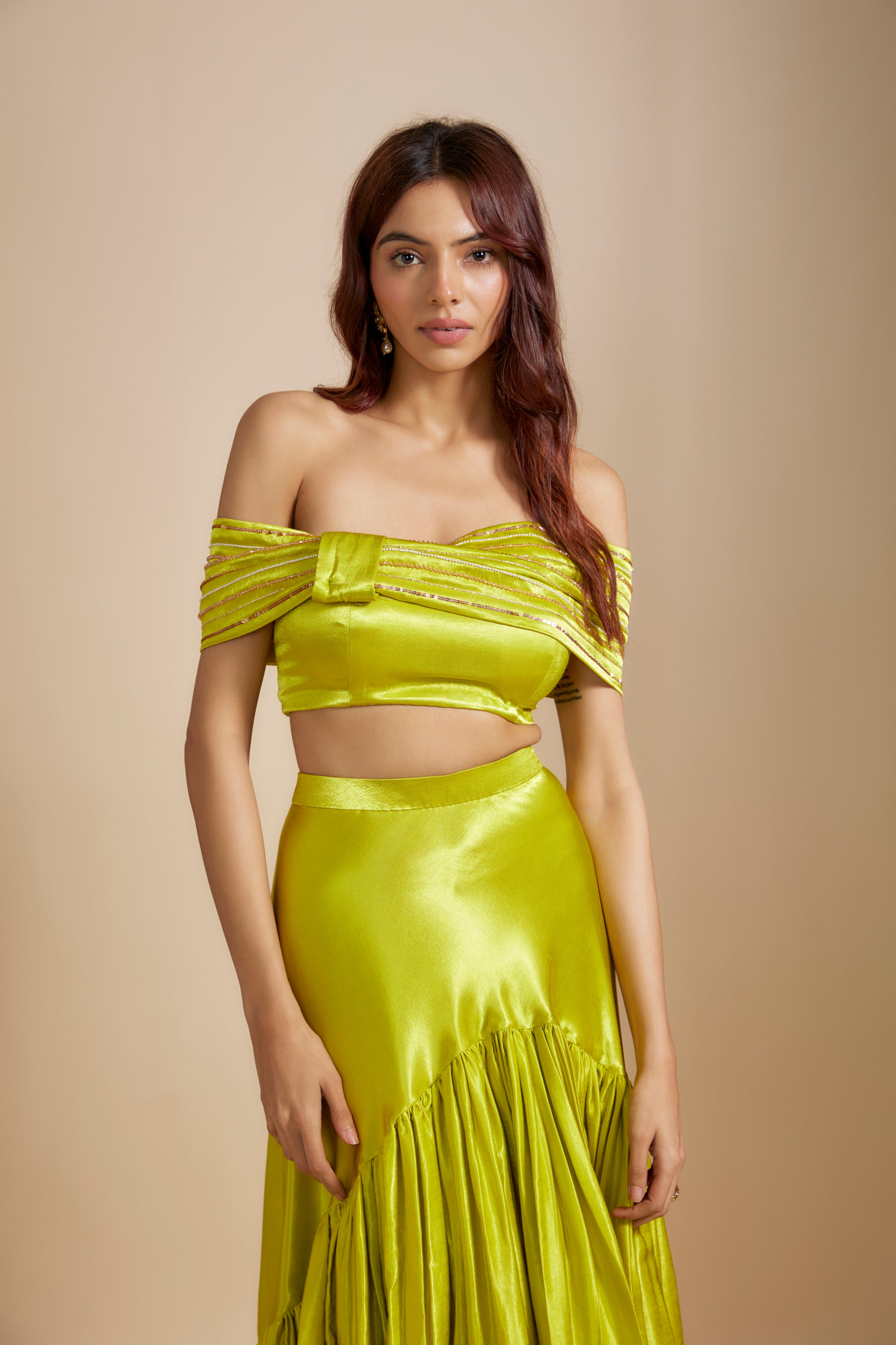 Neon Green Skirt Set with Embroidered Blouse