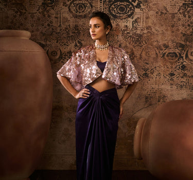 Lilac embroidered cape with purple skirt and bustier