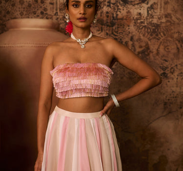 Pink embroidered top with multiple coloured skirt