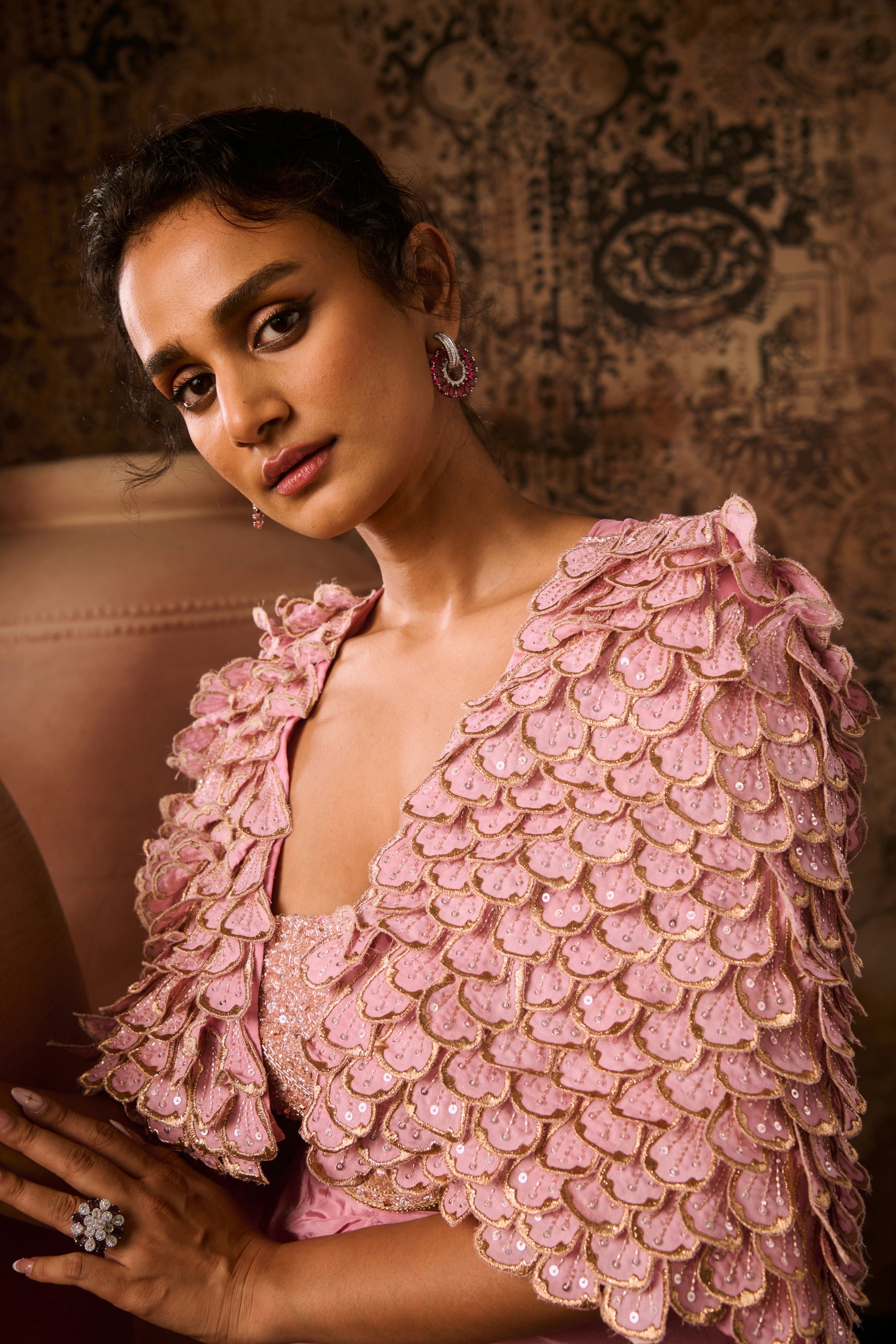 Onion pink embroidered jacket with embroidered bustier with drape skirt