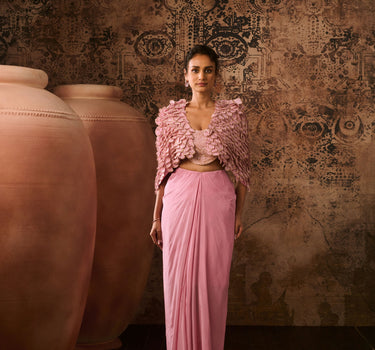 Onion pink embroidered jacket with embroidered bustier with drape skirt