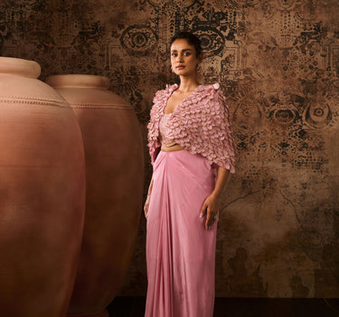 Onion pink embroidered jacket with embroidered bustier with drape skirt